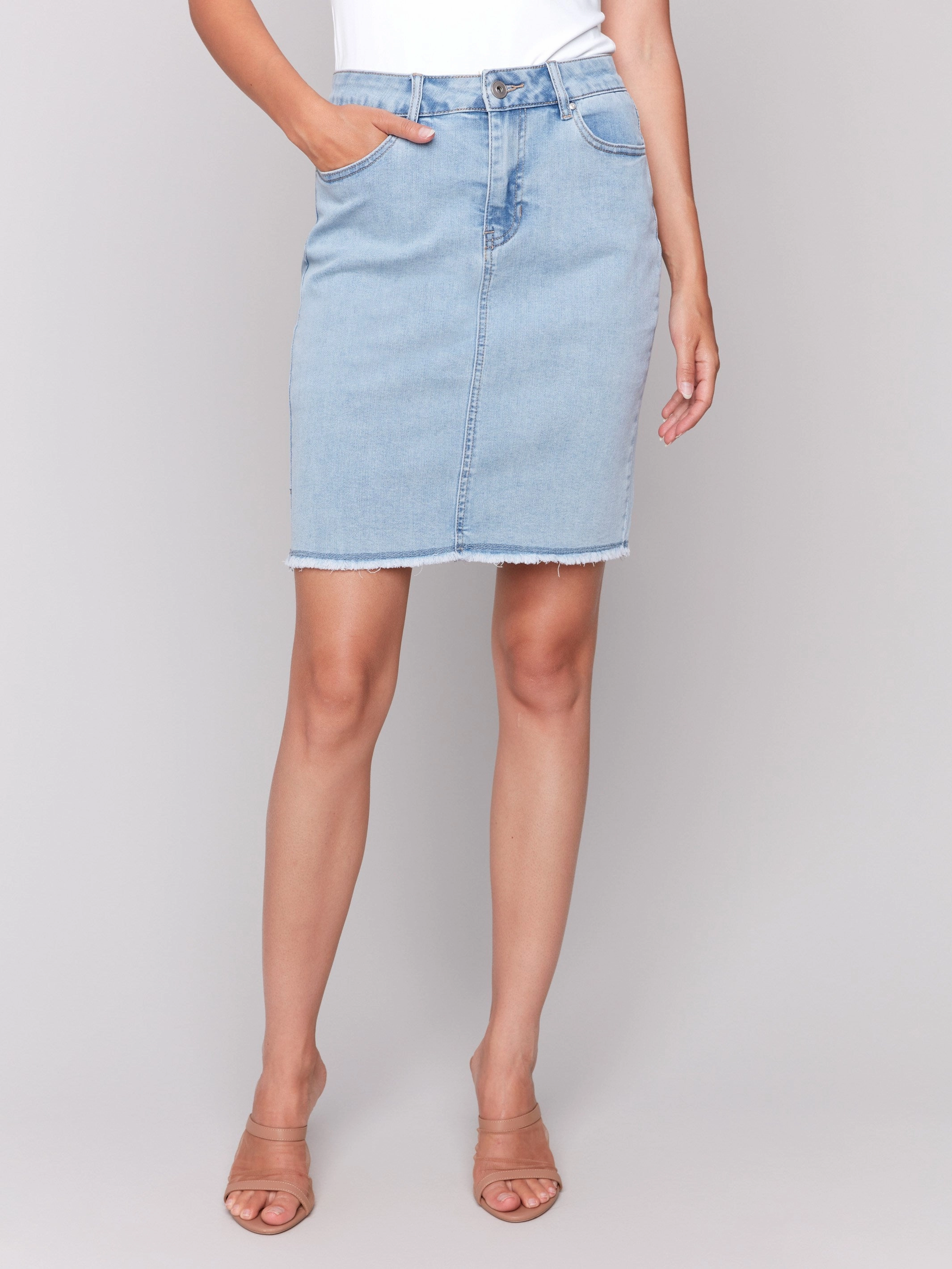 Easy Combo Tear Resistant Stretch Denim Skort with Frayed Hem - Bleach Blue