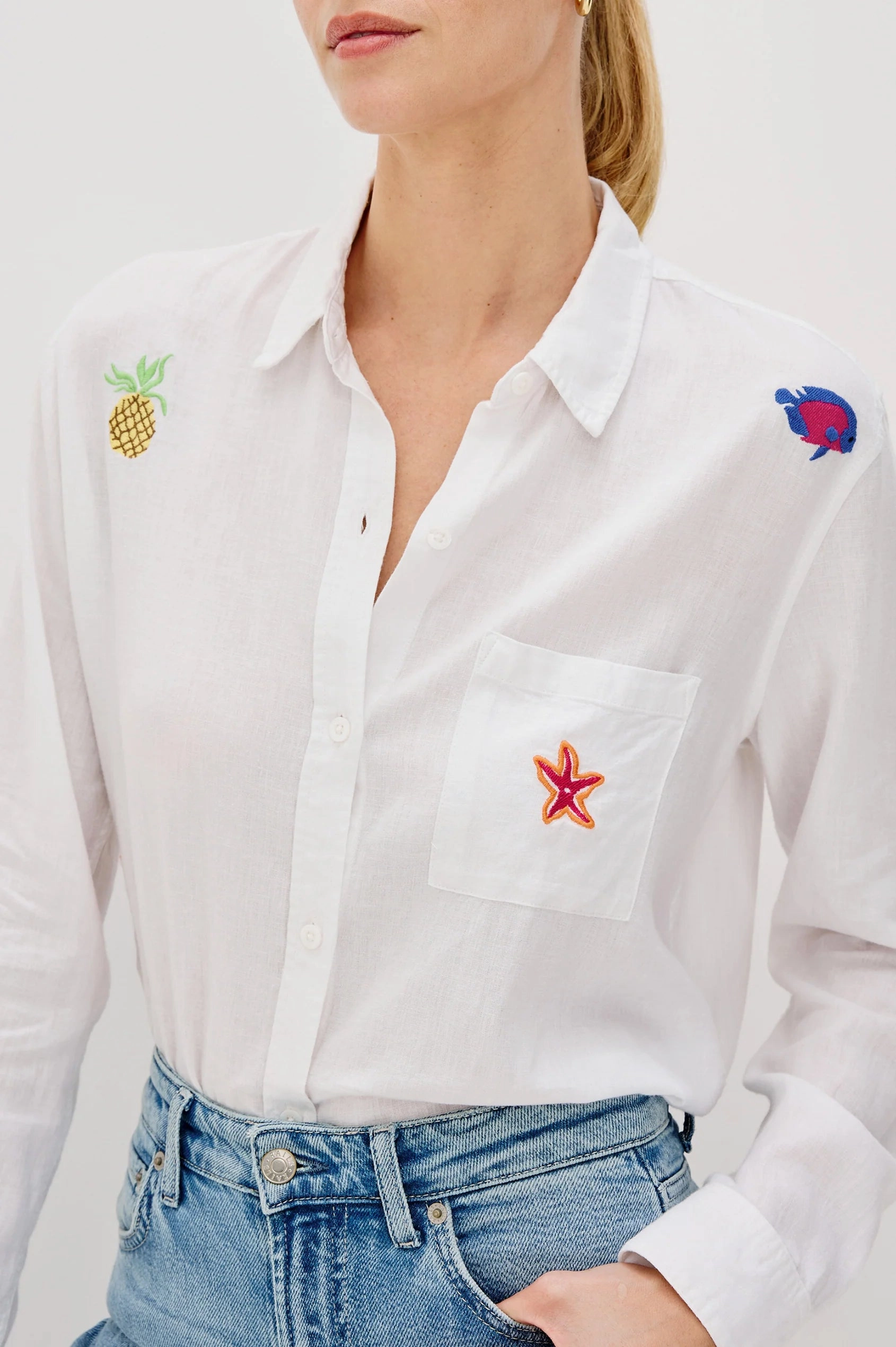 CHARLI ISLAND EMBROIDERY LONG SLEEVE LINEN SHIRT Laid-Back Outfit StaticFree Material