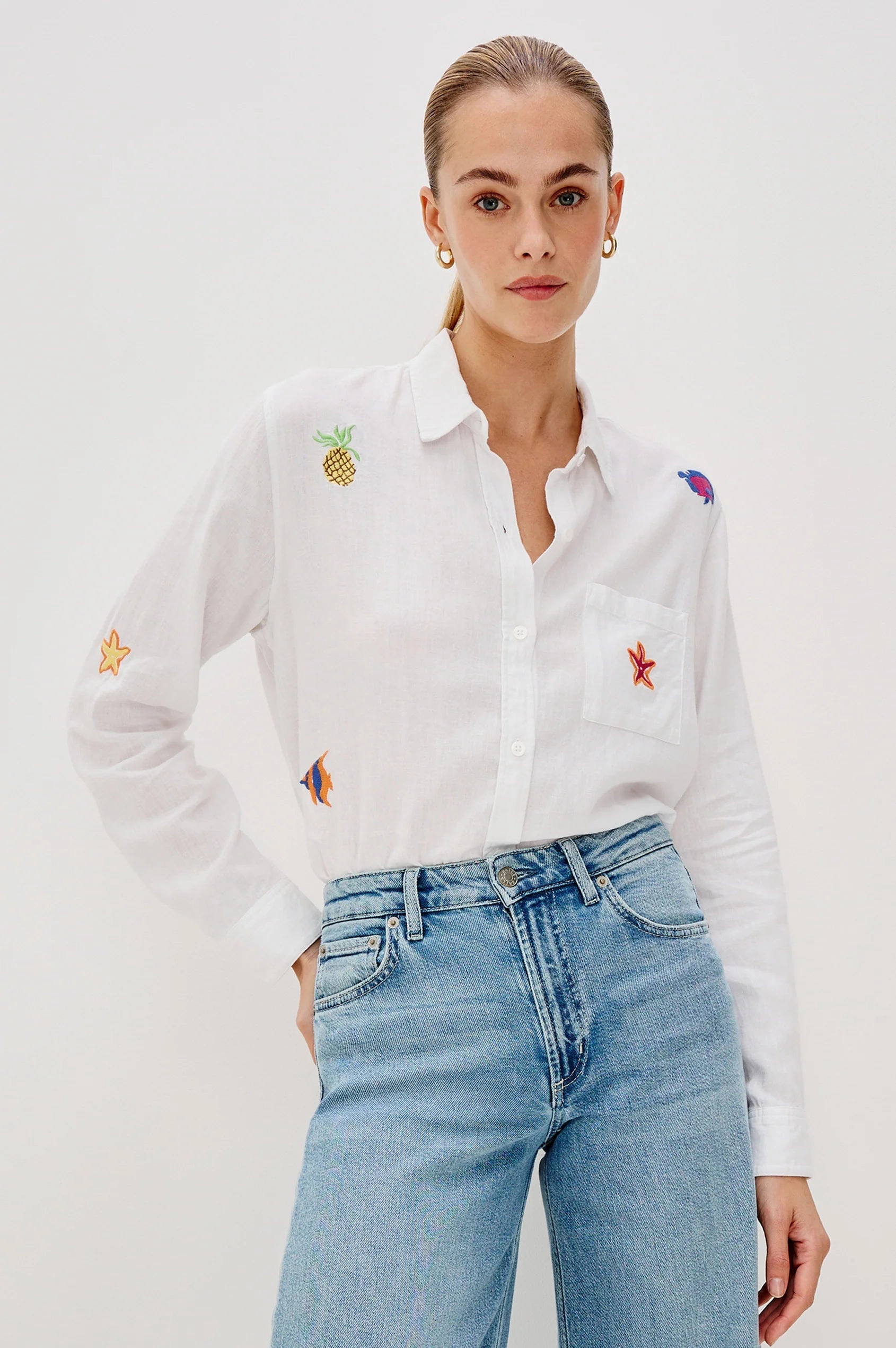 CHARLI ISLAND EMBROIDERY LONG SLEEVE LINEN SHIRT Versatile Base Layer