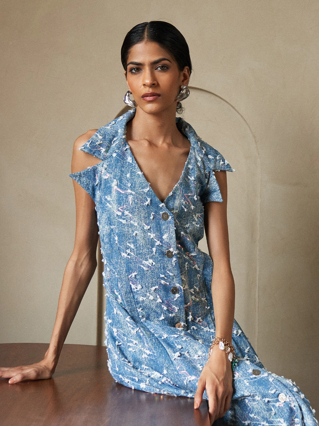 Denim Bliss Lapel Collar Dress Calm Tone Airy Layer