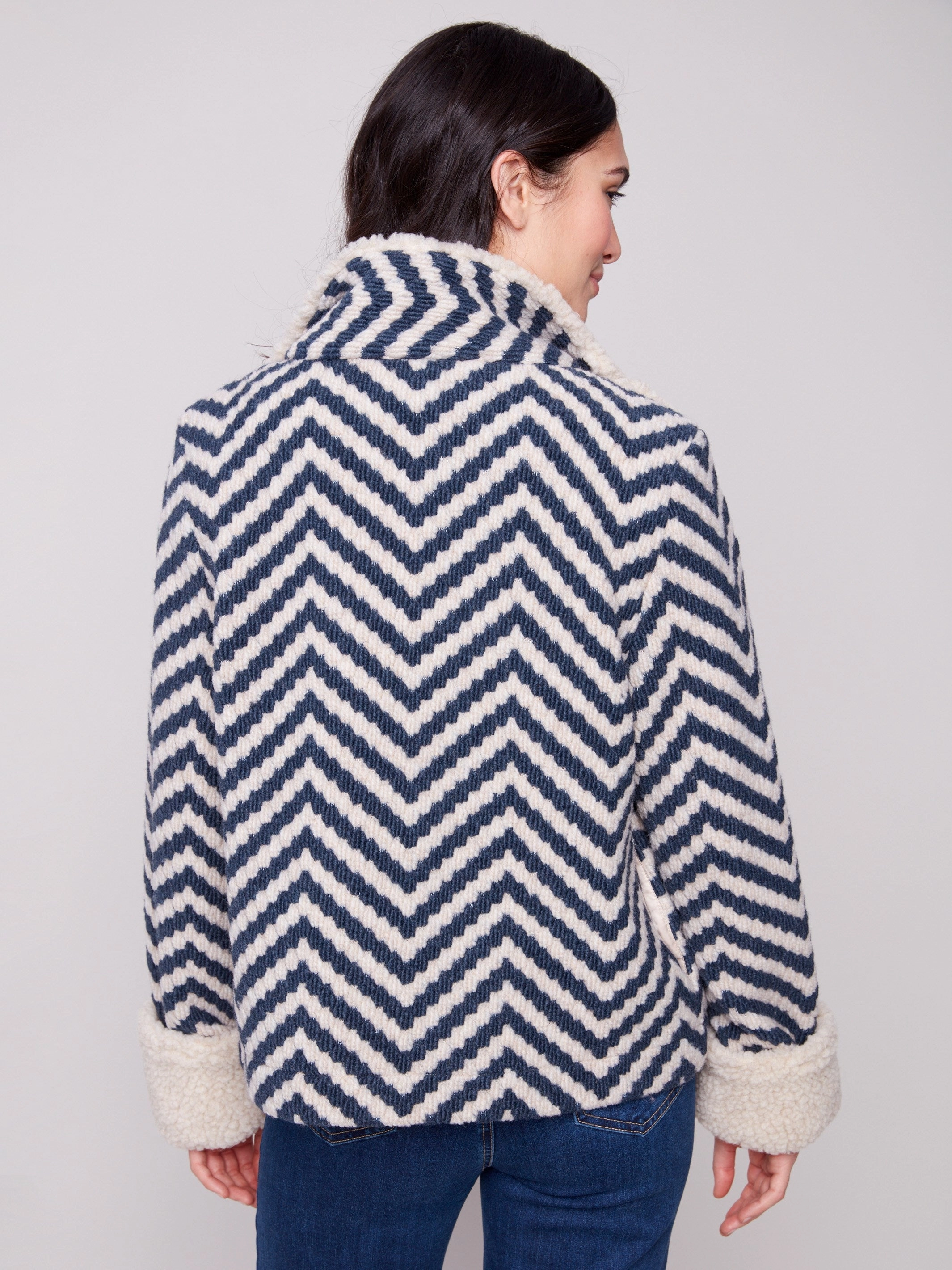 Weatherproof Zipper Closure Chevron Boucl?? Short Jacket With Sherpa Trim - Navy