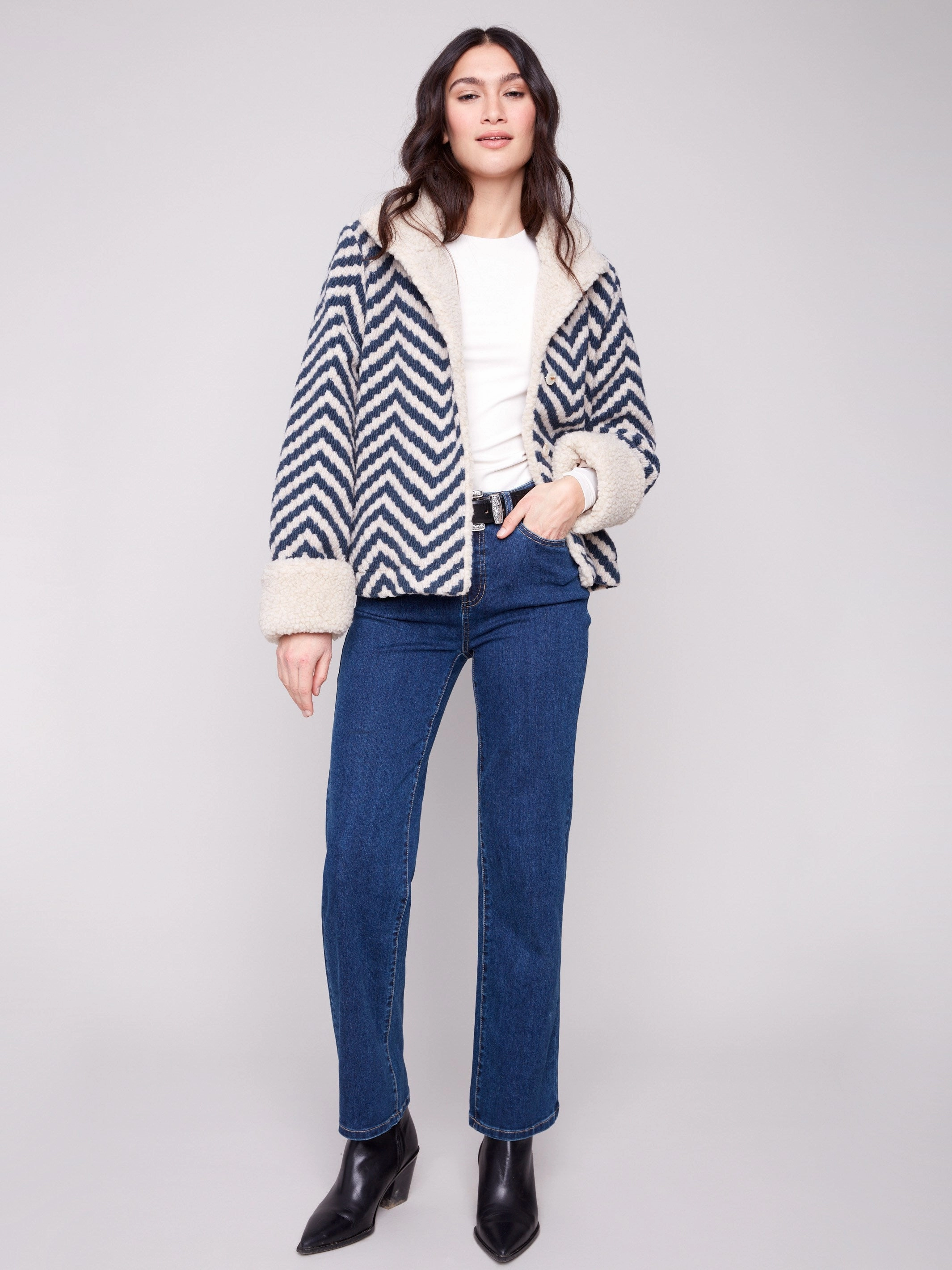 Chevron Boucl?? Short Jacket With Sherpa Trim - Navy Winter Fashion Weather Smart Look
