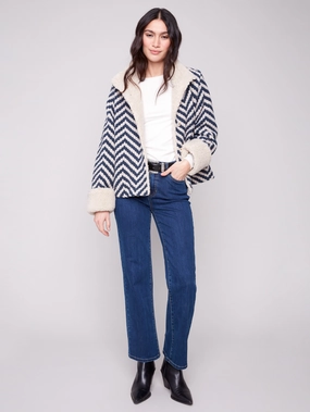 Chevron Boucl?? Short Jacket With Sherpa Trim - Navy Seamless Shoulder Construction Cold Season