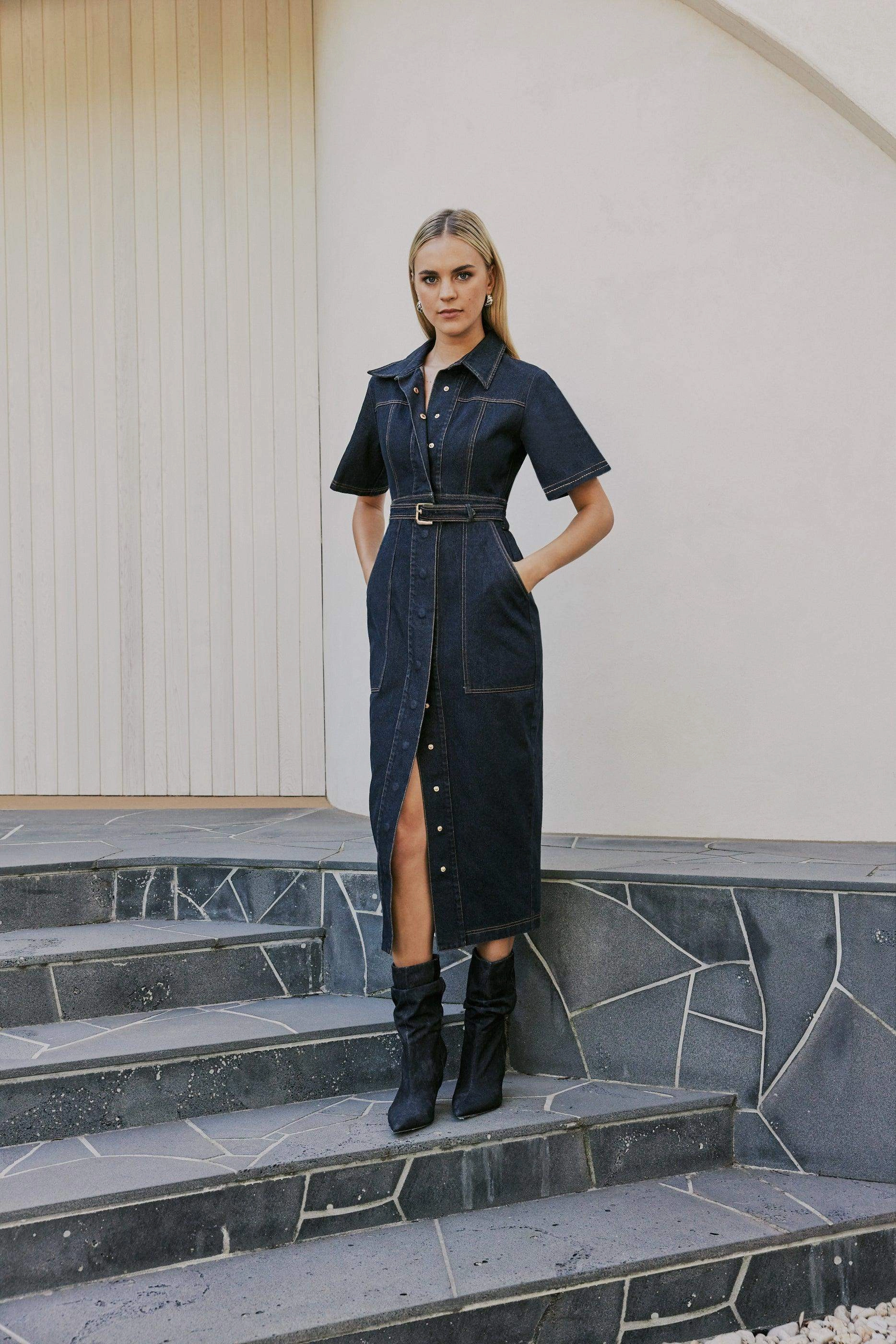 CURAAE Elysia Midi Shirt Belt Denim Dress Airy Weave Vintage Vibe