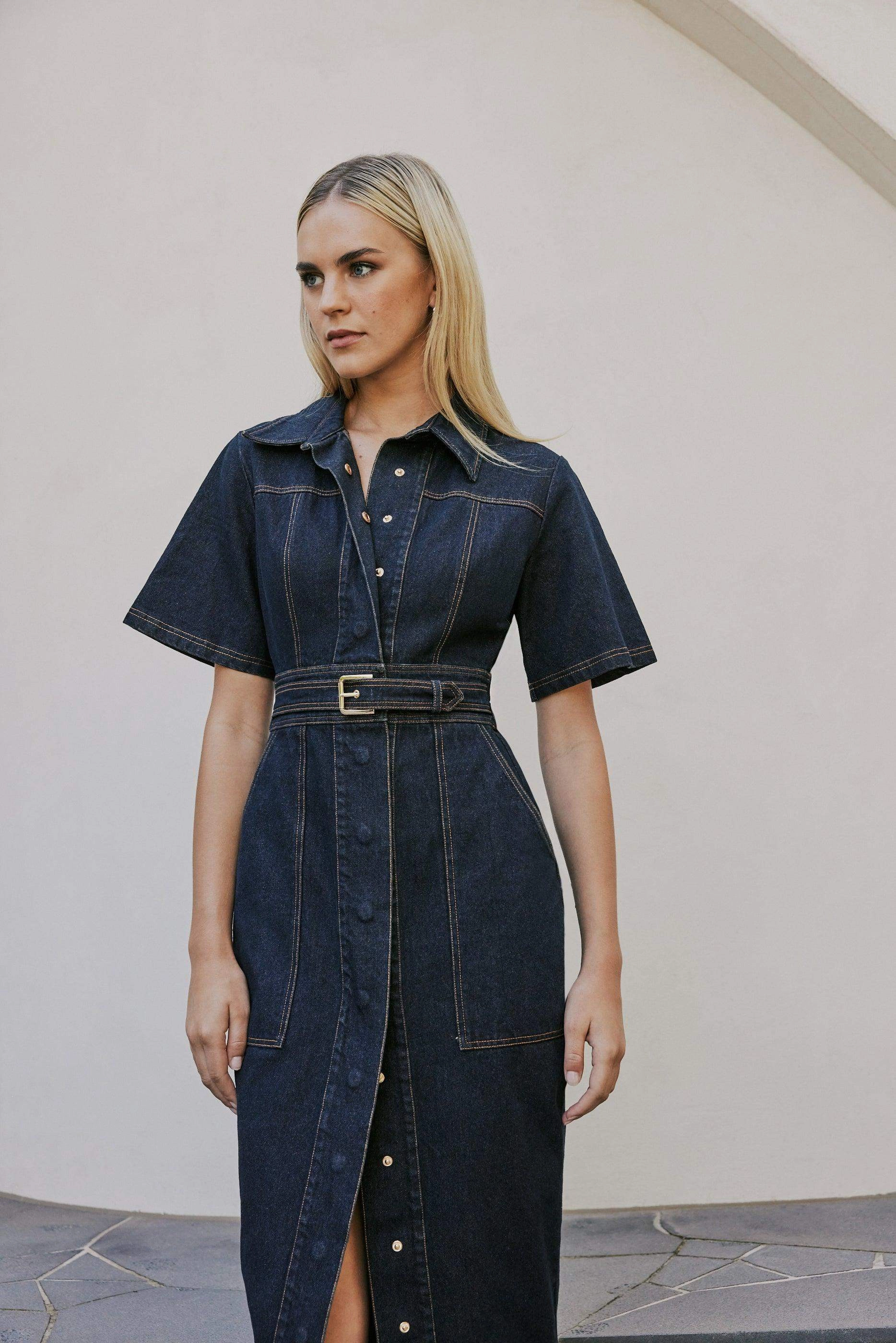 Form Flow CURAAE Elysia Midi Shirt Belt Denim Dress