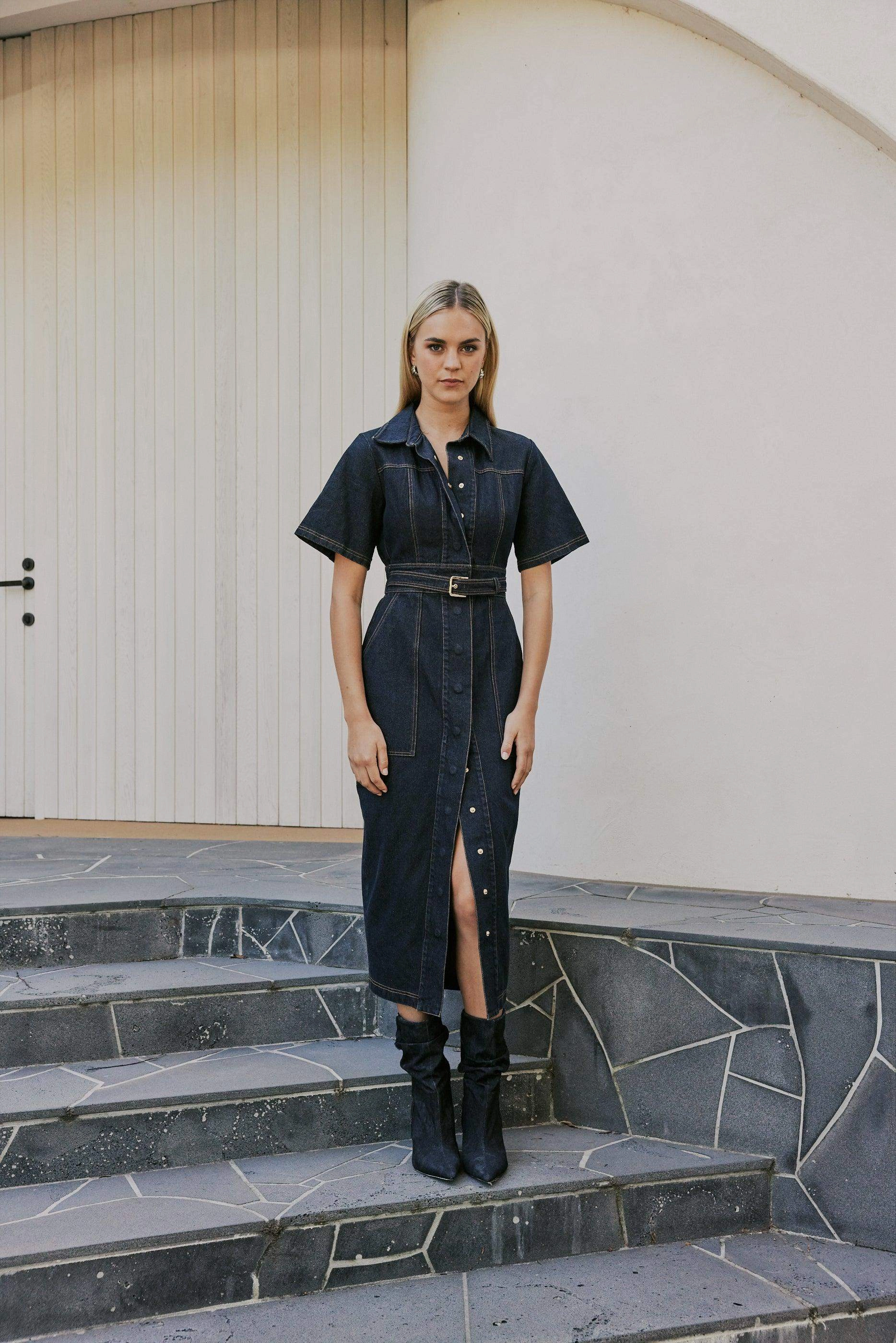 CURAAE Elysia Midi Shirt Belt Denim Dress Elegant Fabric Resort Outfit