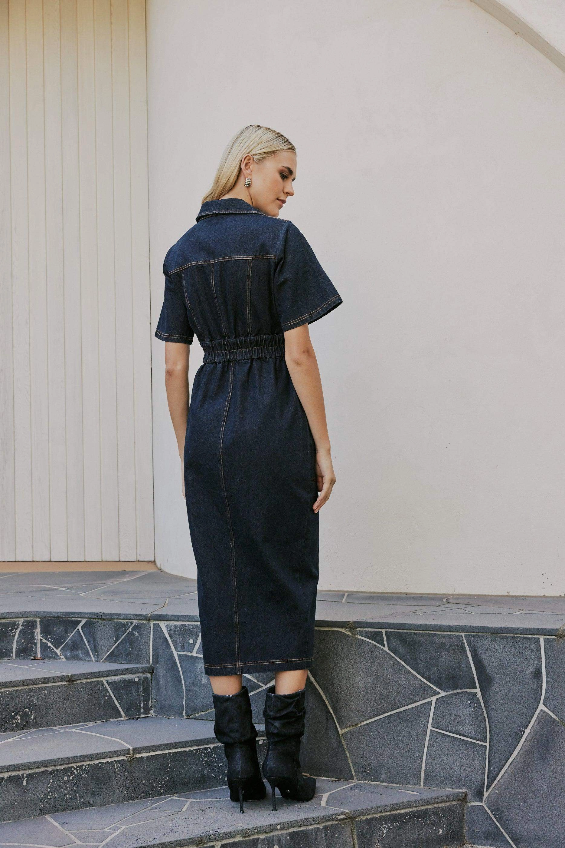 Classic Move Guest Shine CURAAE Elysia Midi Shirt Belt Denim Dress
