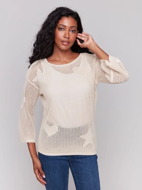 Casual Comfort Layer Zero Pilling Guarantee Jacquard Knit Crochet Sweater - Natural