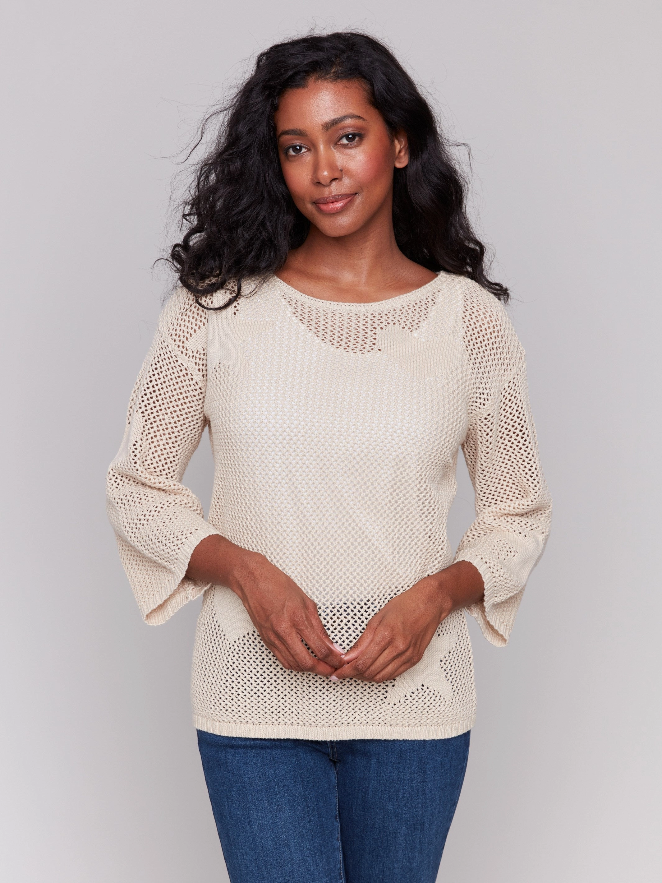 Breathable Warmth Fashion staples Jacquard Knit Crochet Sweater - Natural