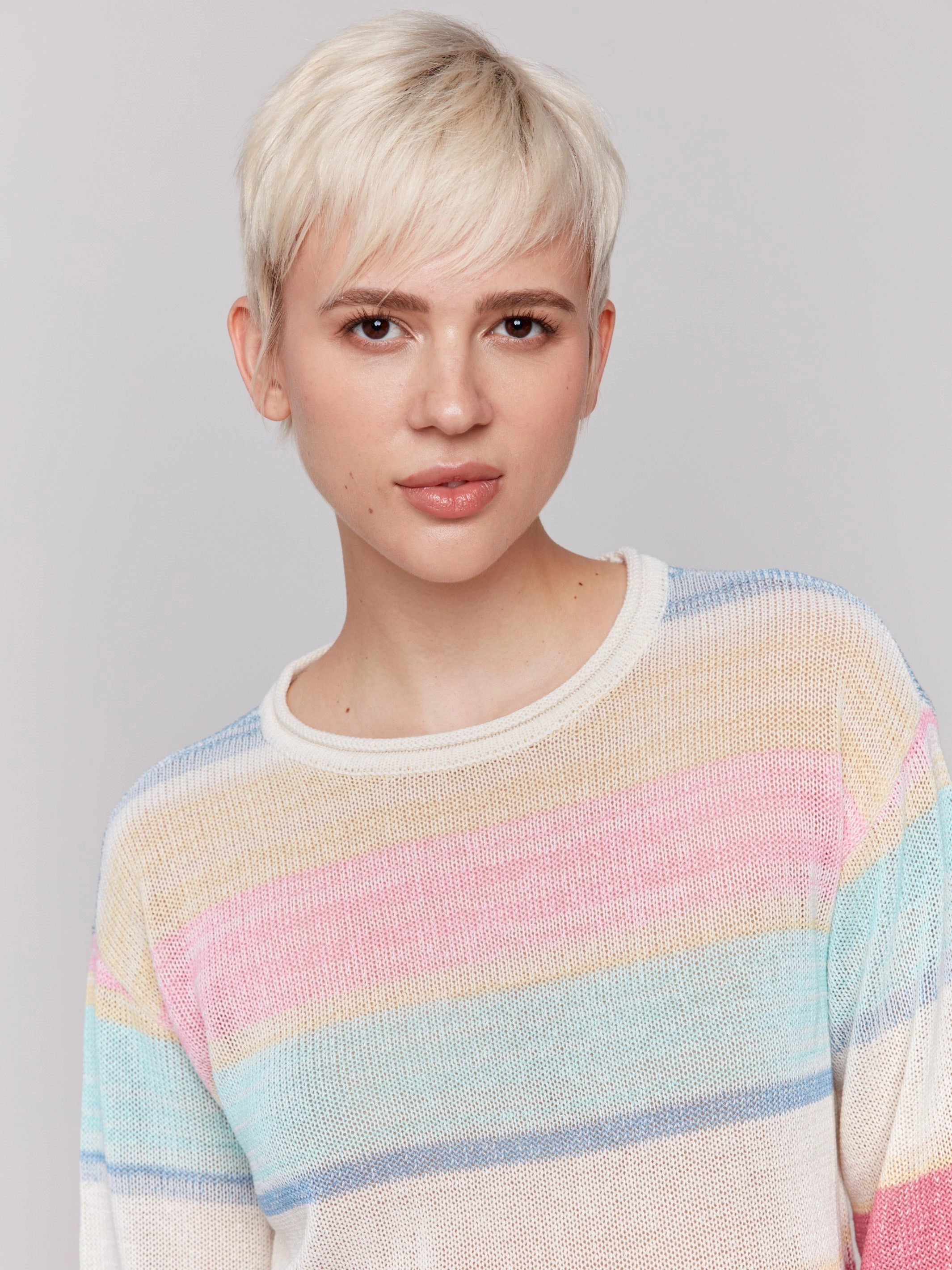 Striped 3/4 Sleeve Sweater - Pastel Casual Knit Layer