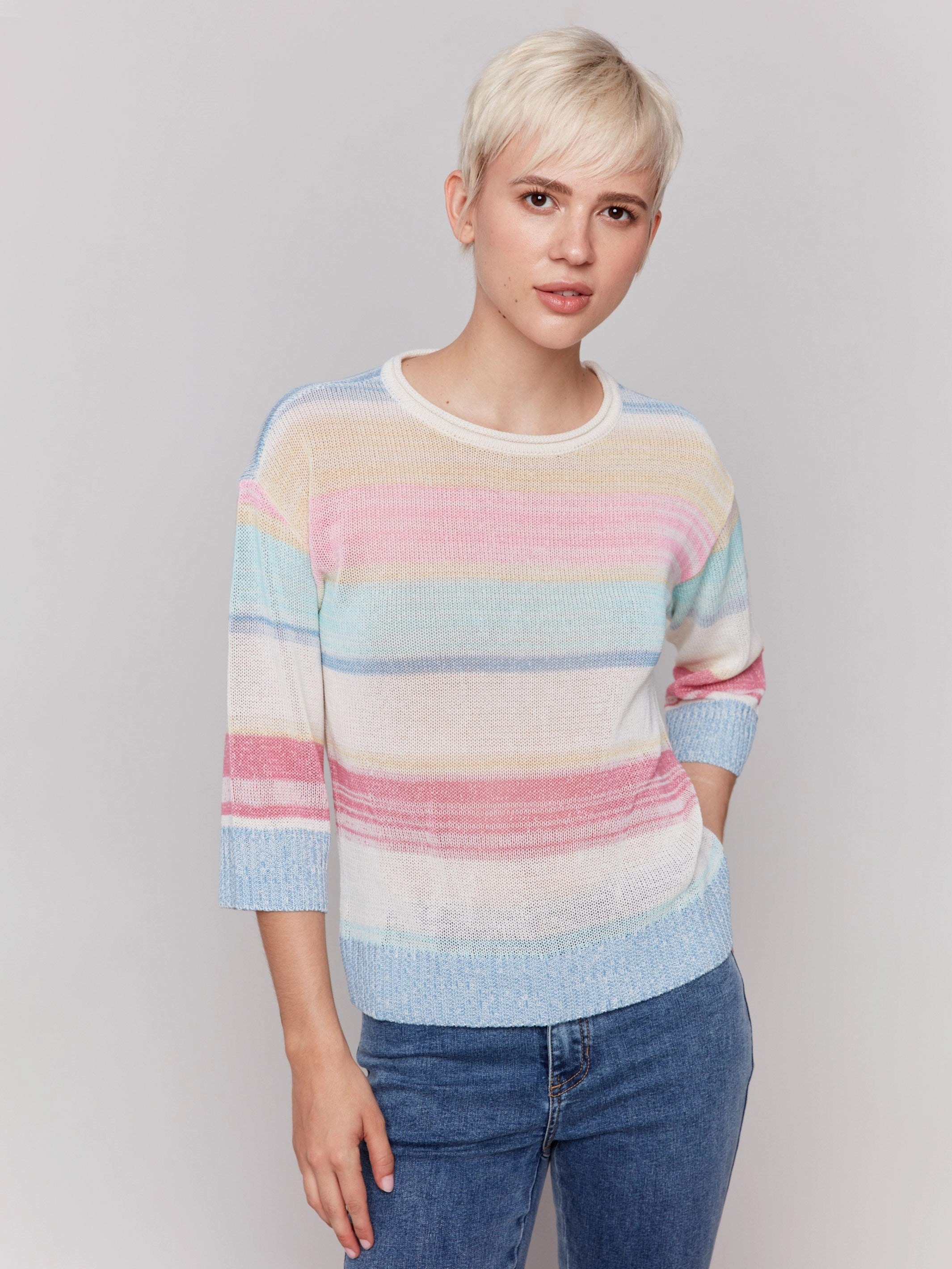 Winter Essential Ultimate Warmth Striped 3/4 Sleeve Sweater - Pastel