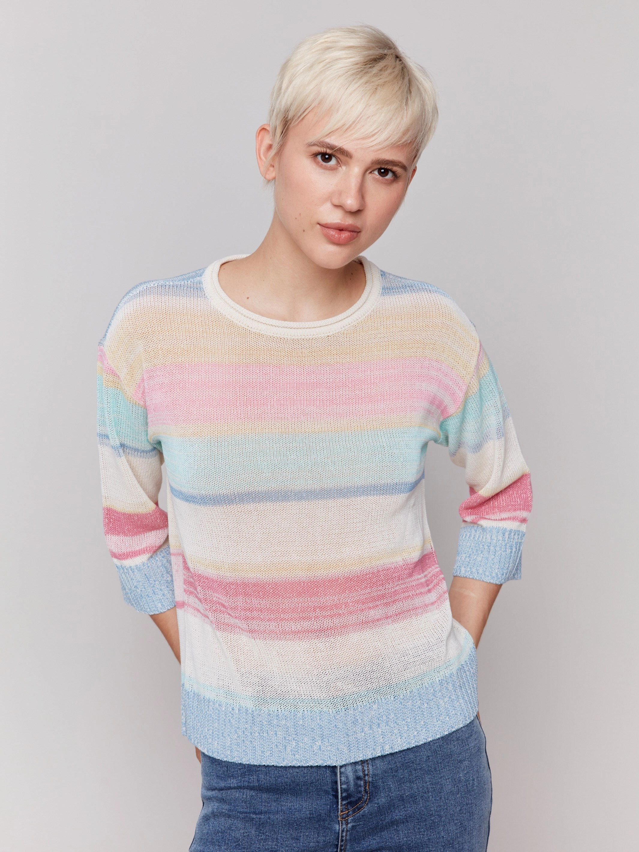 Striped 3/4 Sleeve Sweater - Pastel Long Lasting Elasticity Relaxed Knit