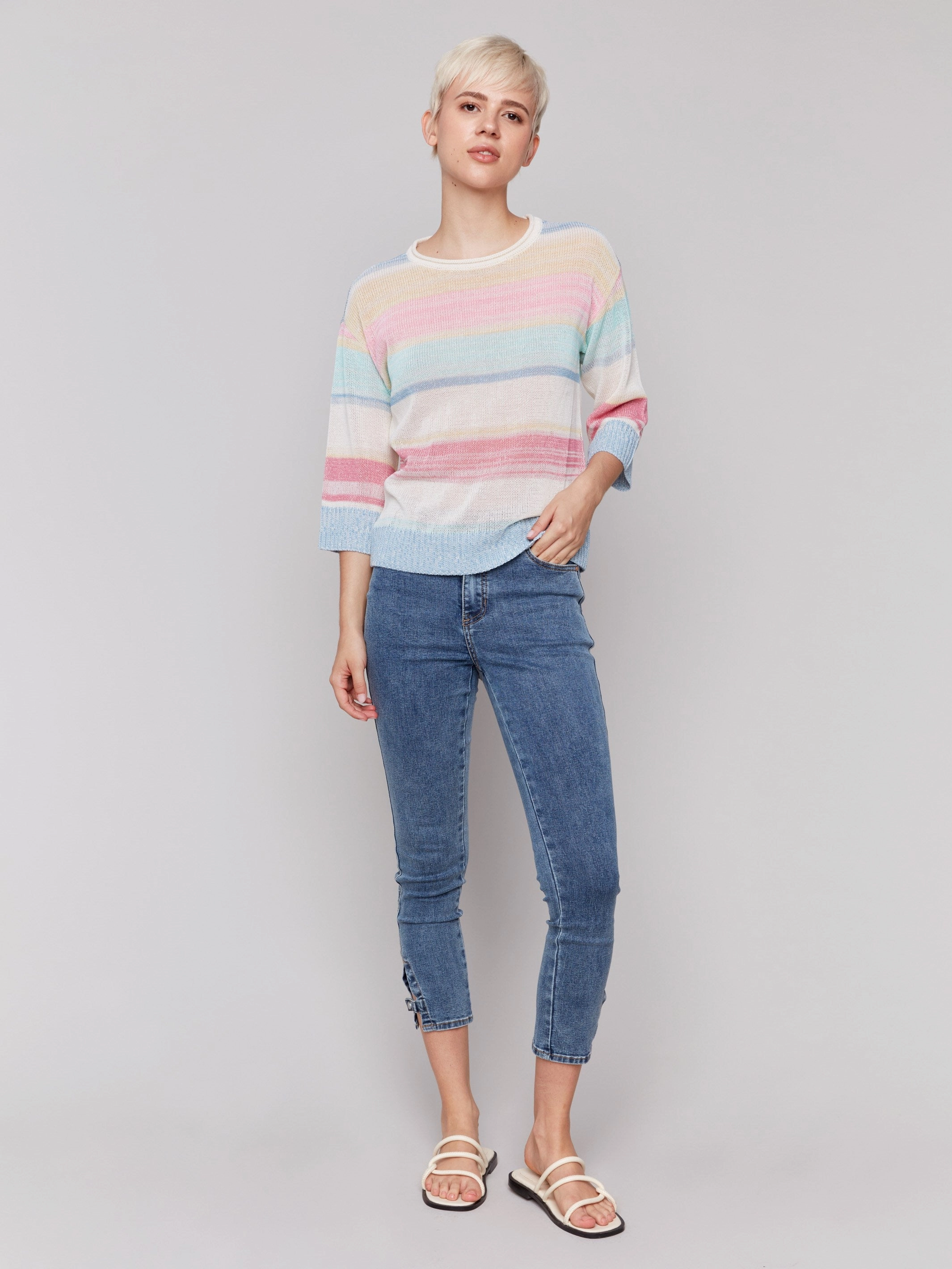 Snuggly Pieces Slim Stretch Striped 3/4 Sleeve Sweater - Pastel