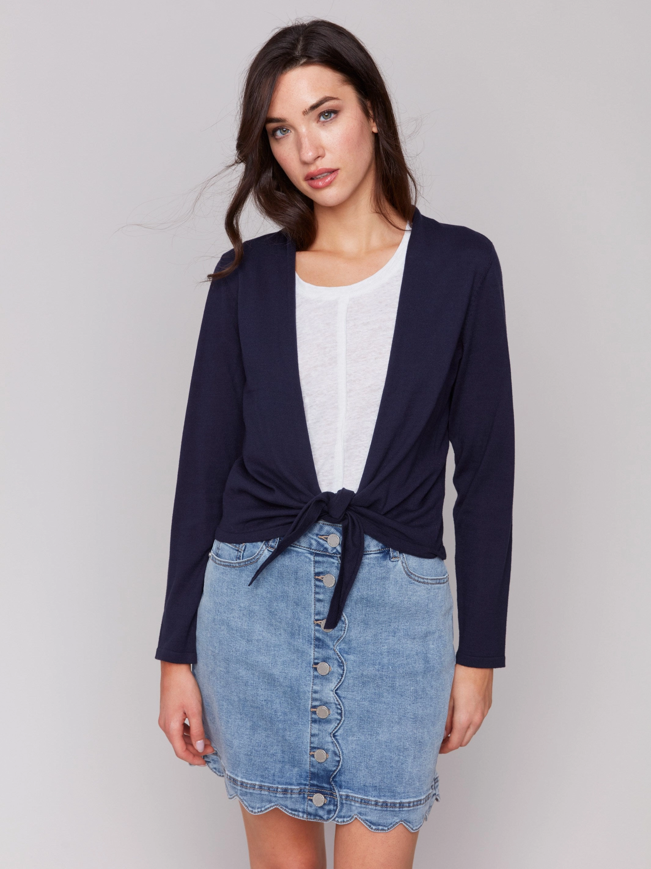 Layered Knitwear Tie Front Bolero - Navy