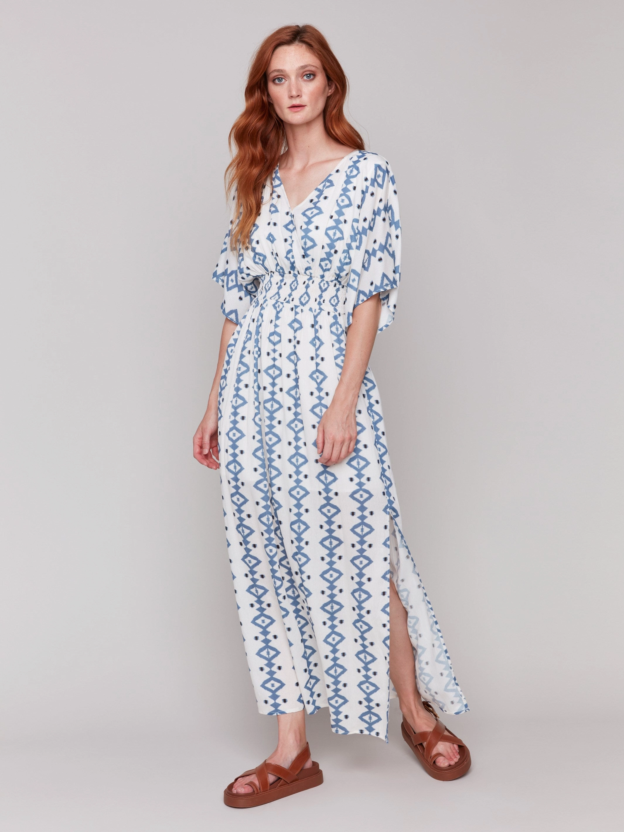 Printed Dolman Sleeve Maxi Dress with Side Slits - Geo Fall Layer Moment Glow