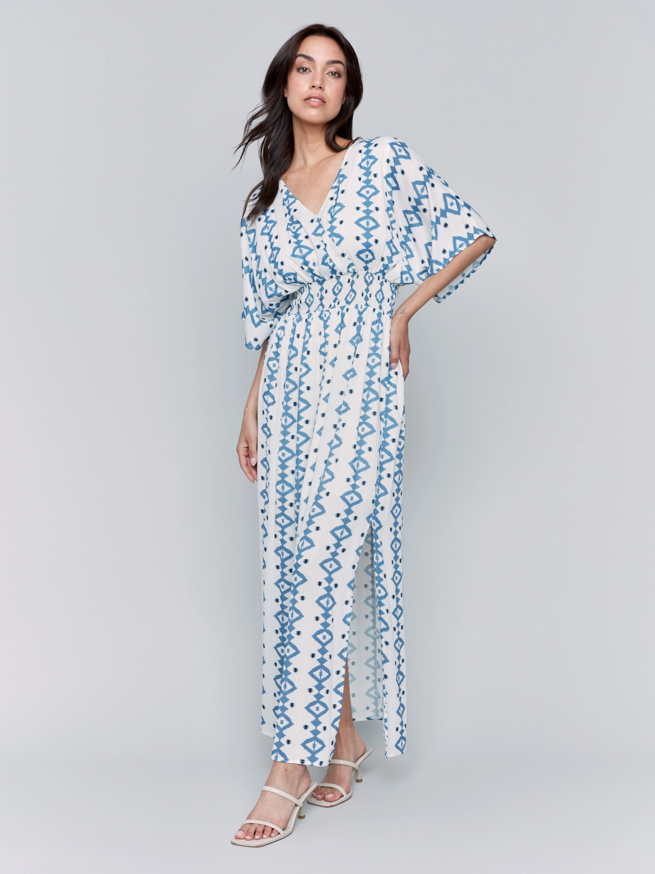 Printed Dolman Sleeve Maxi Dress with Side Slits - Geo NoiseFreeFabric Comfortable Silhouette