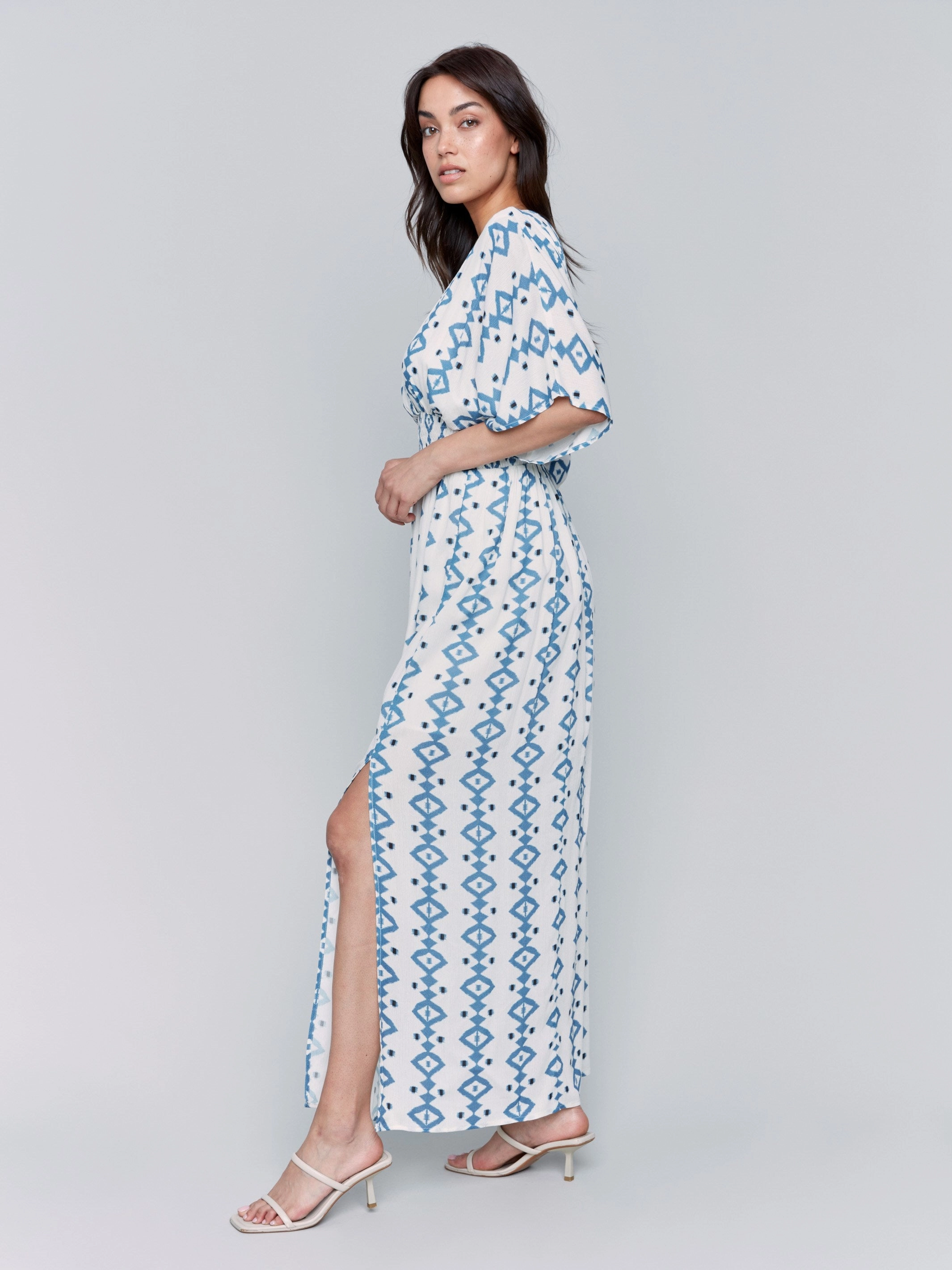 Calm Shine Printed Dolman Sleeve Maxi Dress with Side Slits - Geo