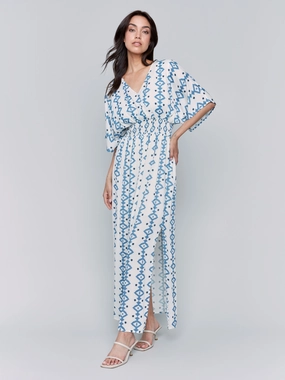 Printed Dolman Sleeve Maxi Dress with Side Slits - Geo NoiseFreeFabric Comfortable Silhouette