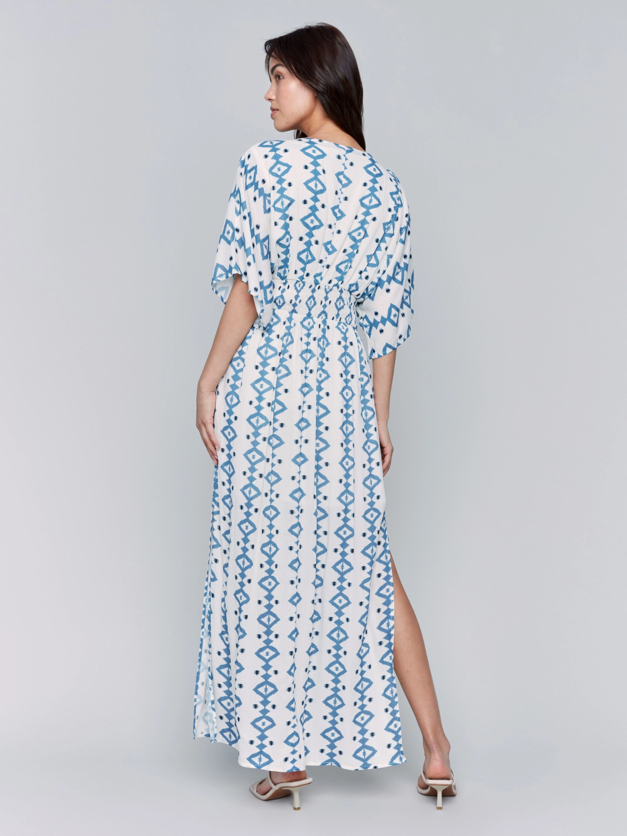 Printed Dolman Sleeve Maxi Dress with Side Slits - Geo Metallic Finish Relax Draping