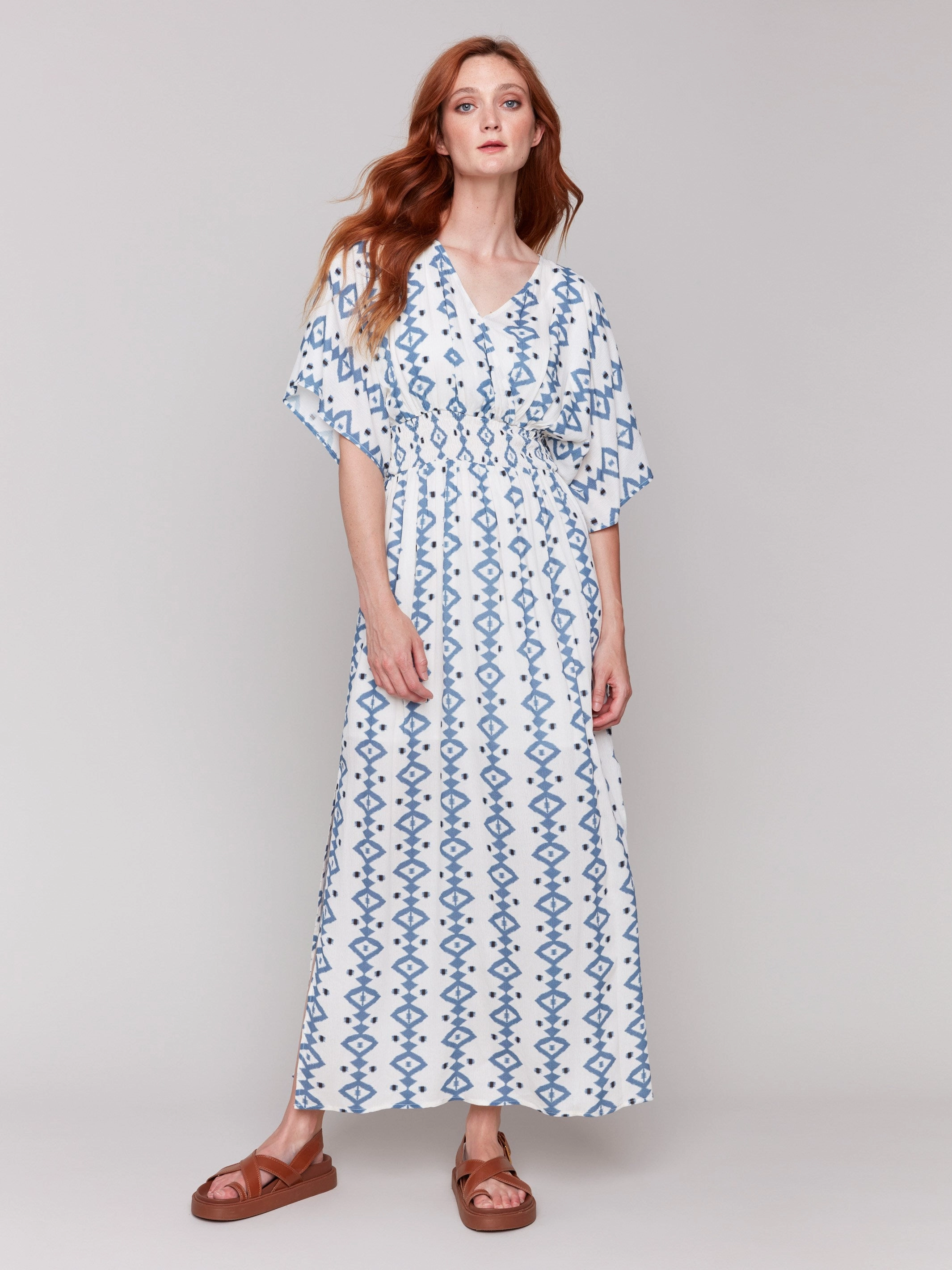 slim fit Printed Dolman Sleeve Maxi Dress with Side Slits - Geo