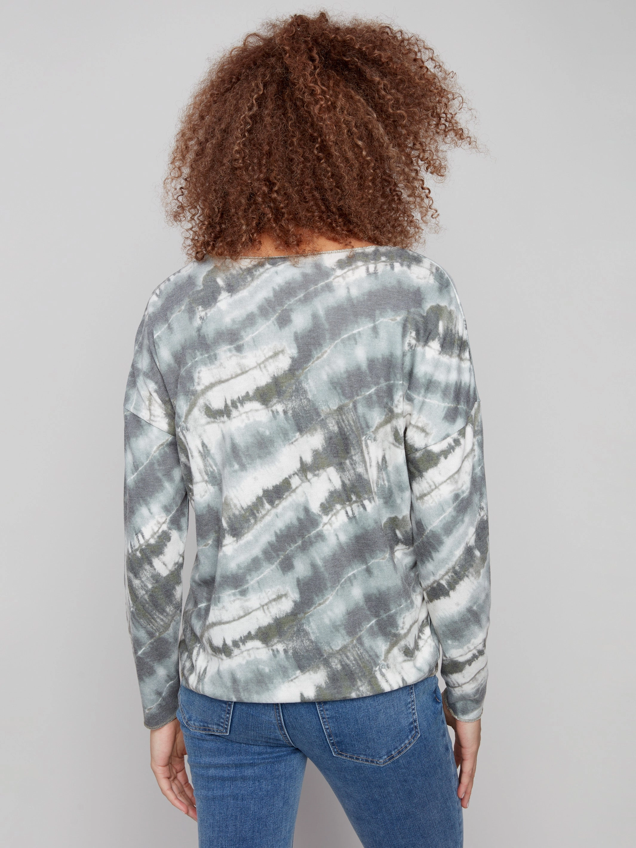 Printed V-neck Knit Top - Dreamy Spruce NonRestrictive SubtleTexture