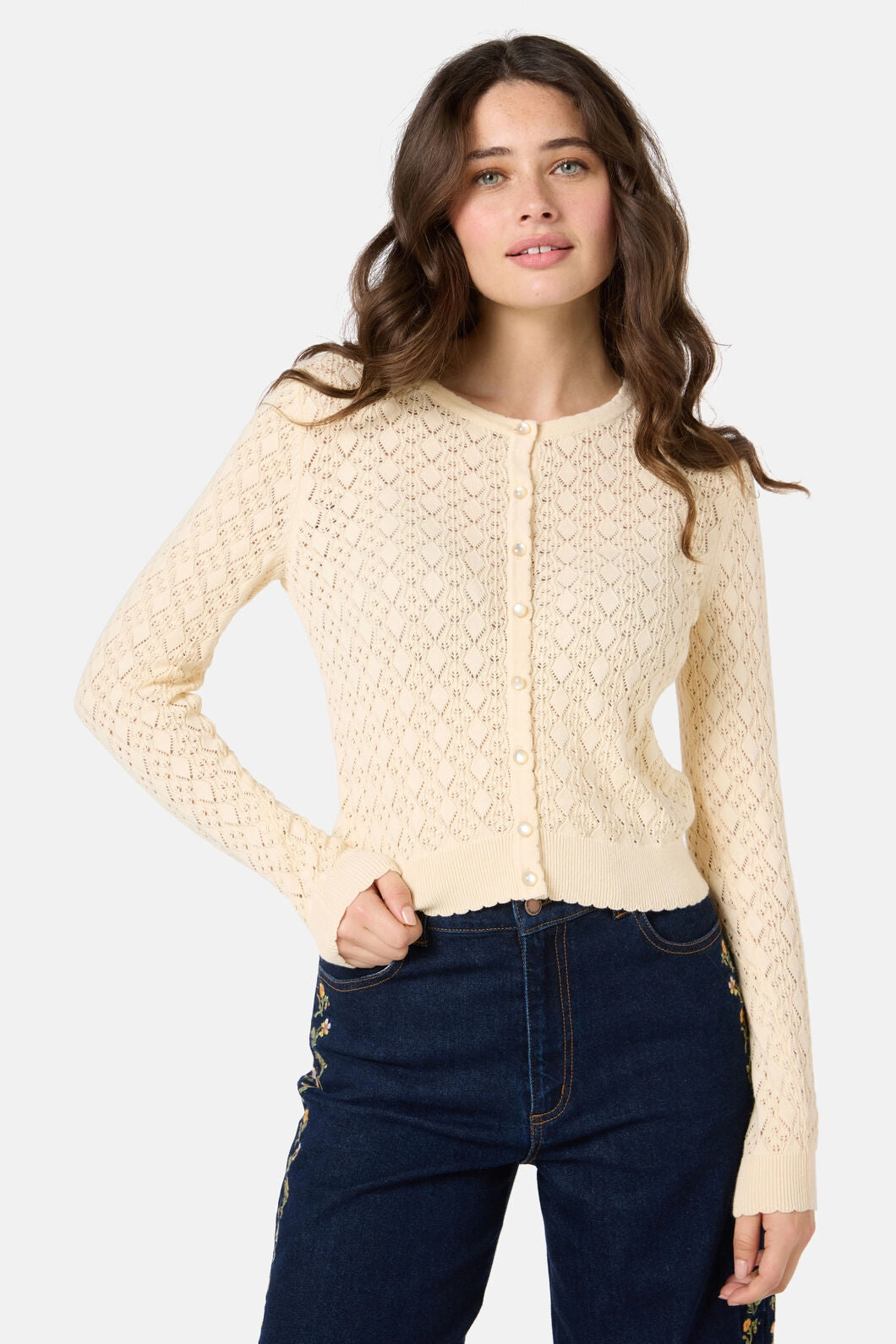 Compression Fold Design Clarissa Pointelle Cardigan
