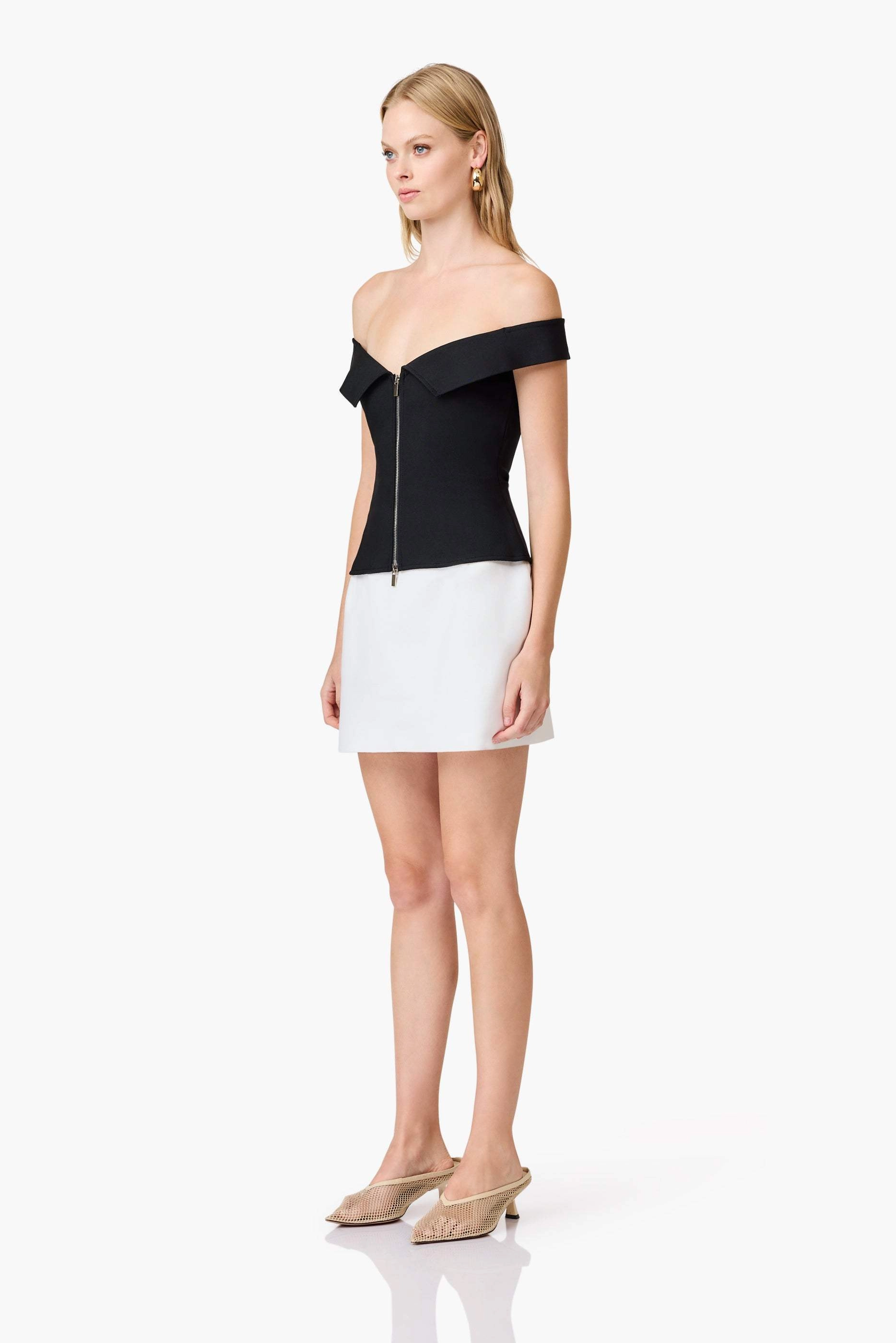 CURAAE Khloe Crepe Knit Top in Black Cinched-Waist Timeless Look