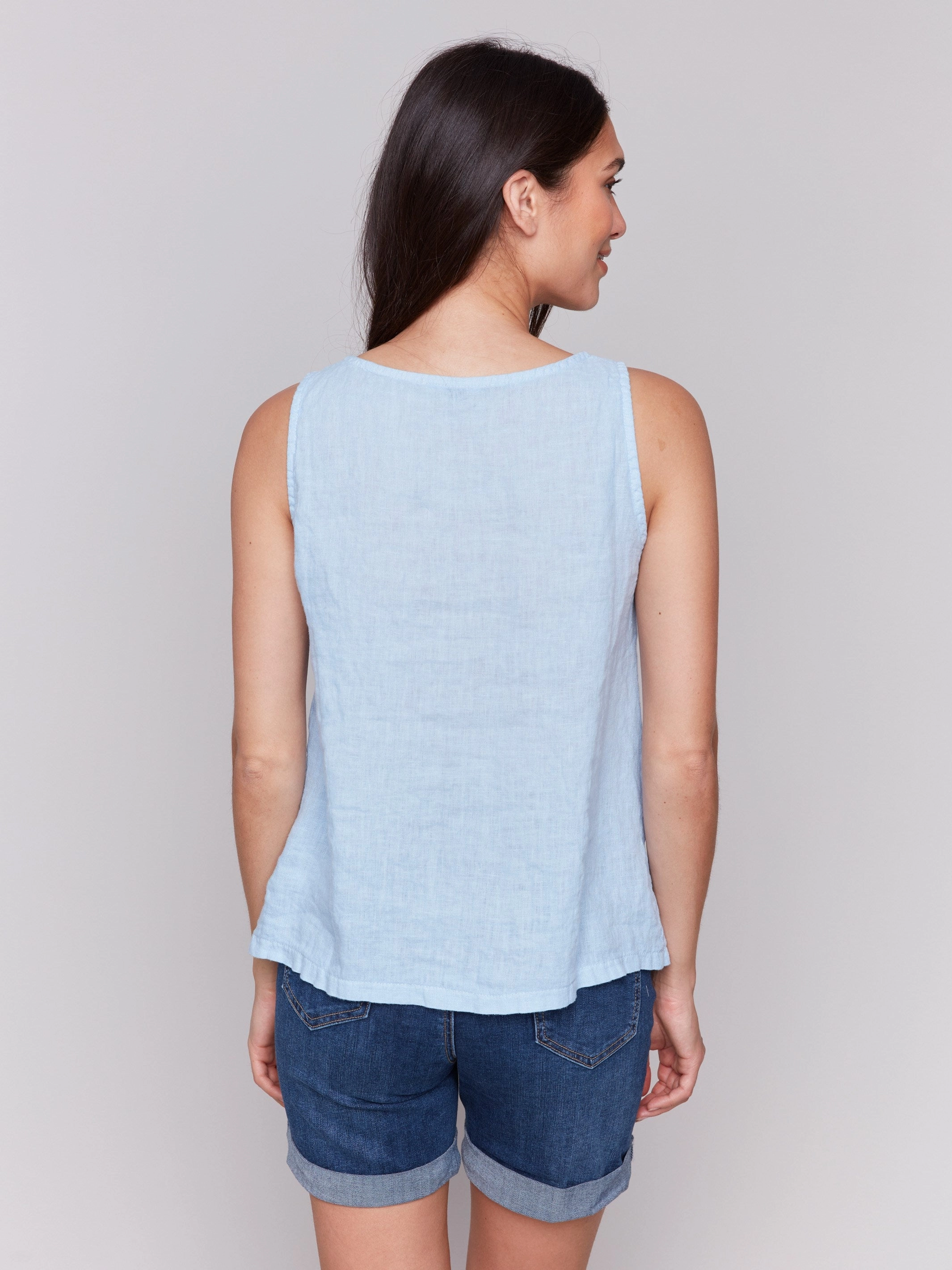 Sleeveless Linen Top with Slit - Bluebell Sustainable Dye Process Low Profile Pocket Design
