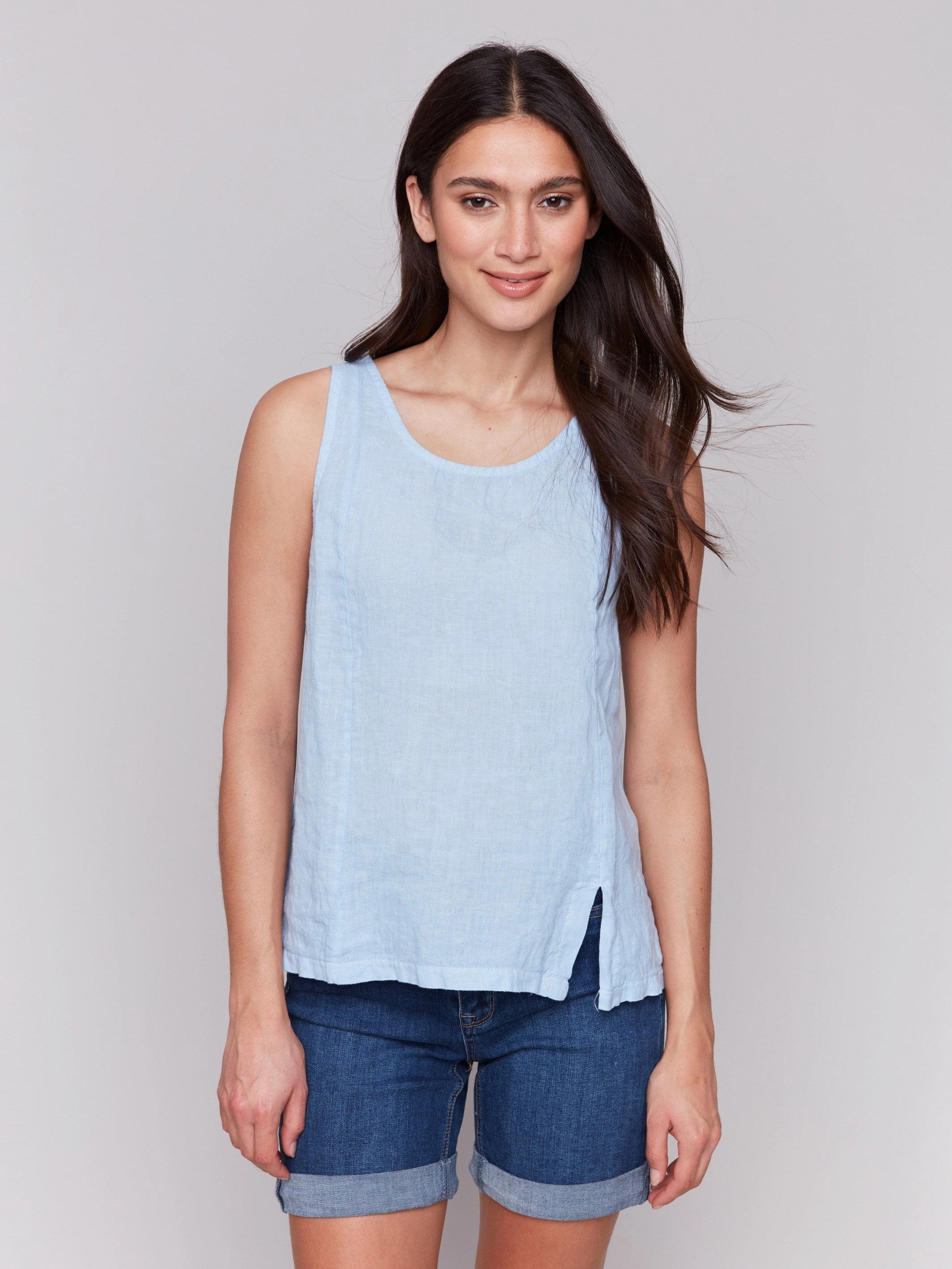 Outdoor Adventure Sleeveless Linen Top with Slit - Bluebell