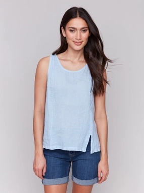 High-End Fabric Lightweight Material Sleeveless Linen Top with Slit - Bluebell