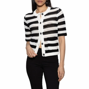 STRIPED OPEN KNIT SHORT SLEEVE CARDI Rich Tone