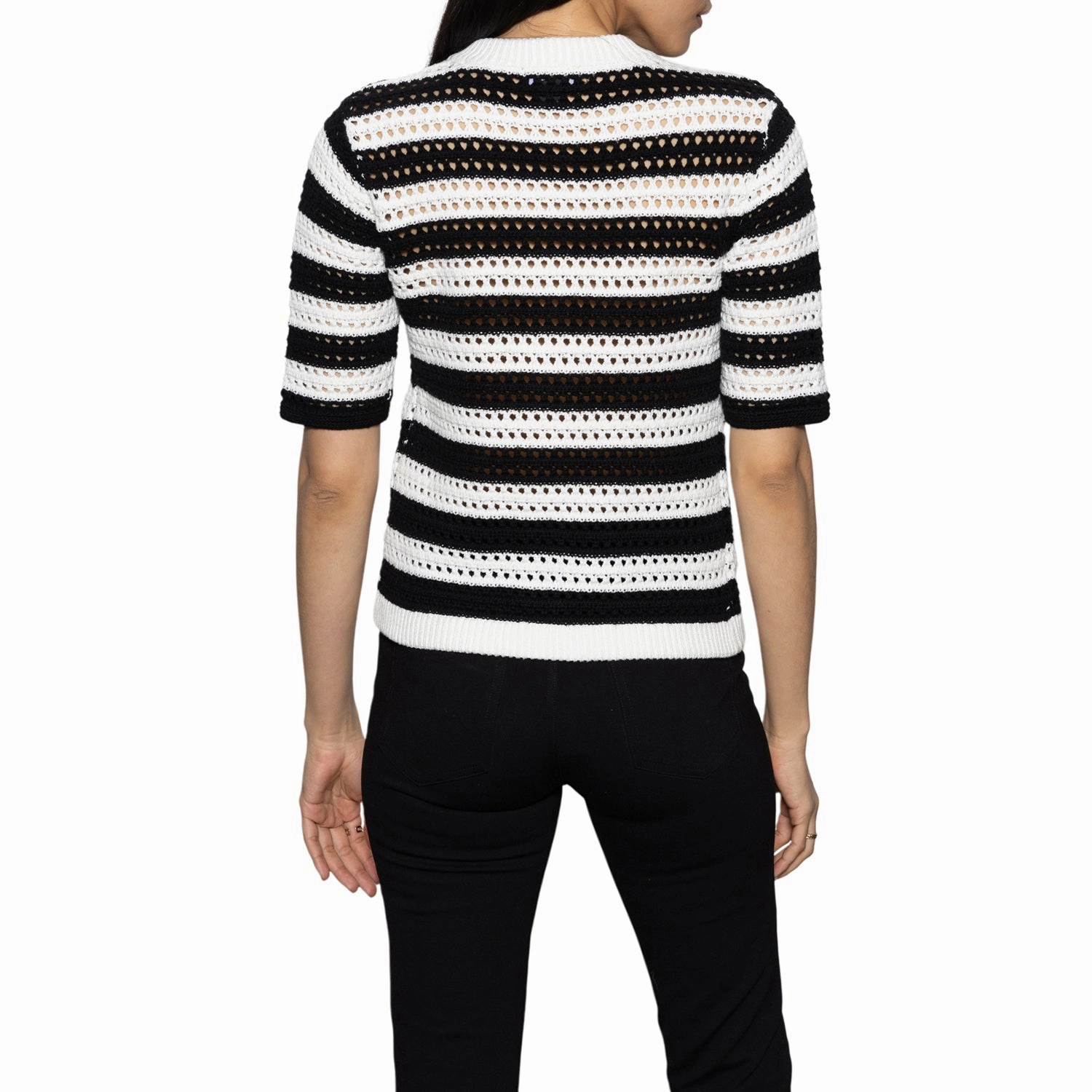 STRIPED OPEN KNIT SHORT SLEEVE CARDI Machine Fit