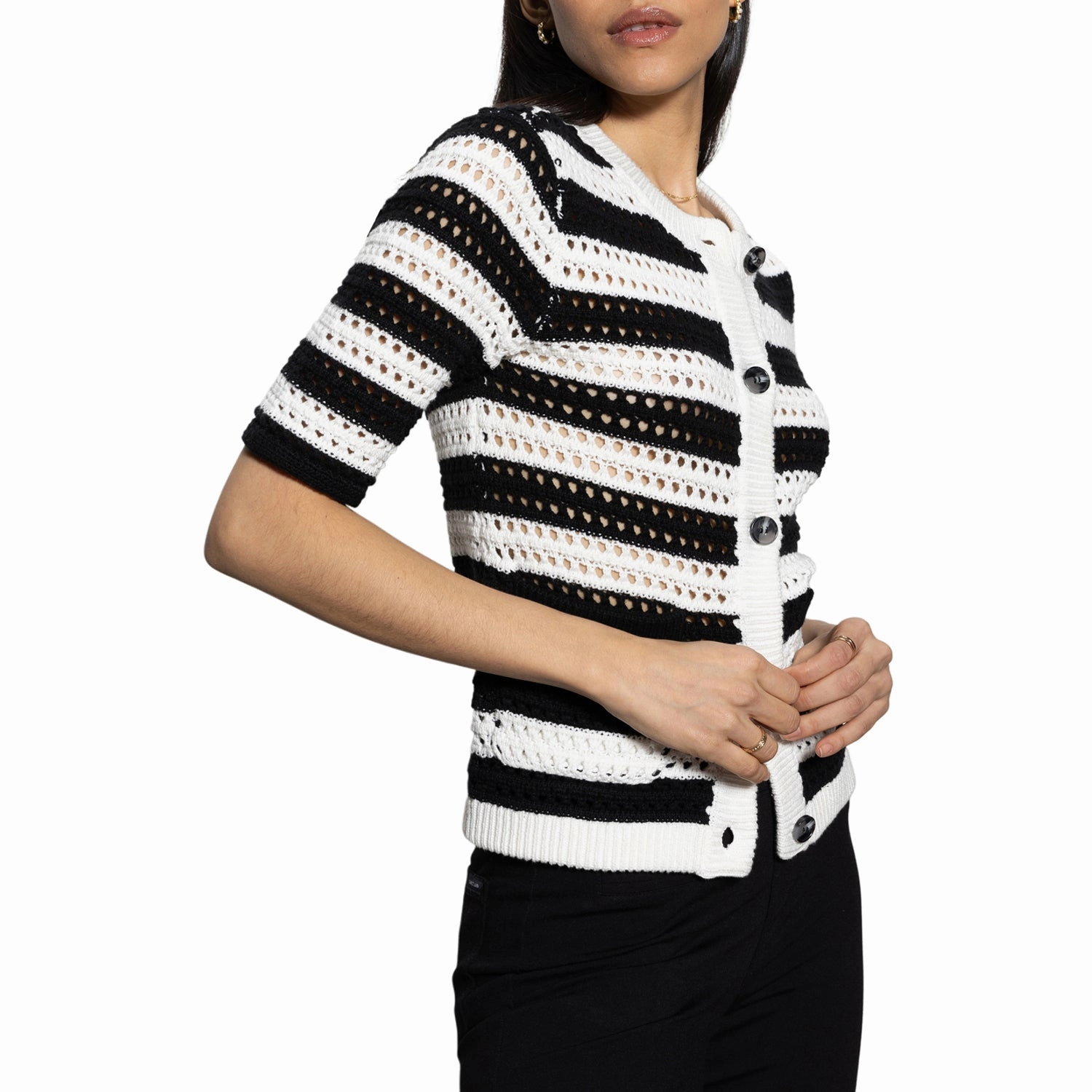 STRIPED OPEN KNIT SHORT SLEEVE CARDI AntiPillingFabric