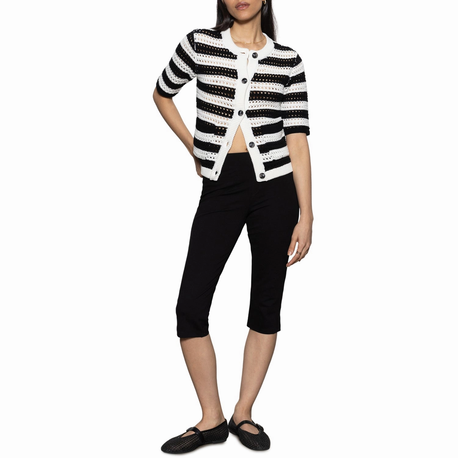 STRIPED OPEN KNIT SHORT SLEEVE CARDI Smart Fit Breathable fabric