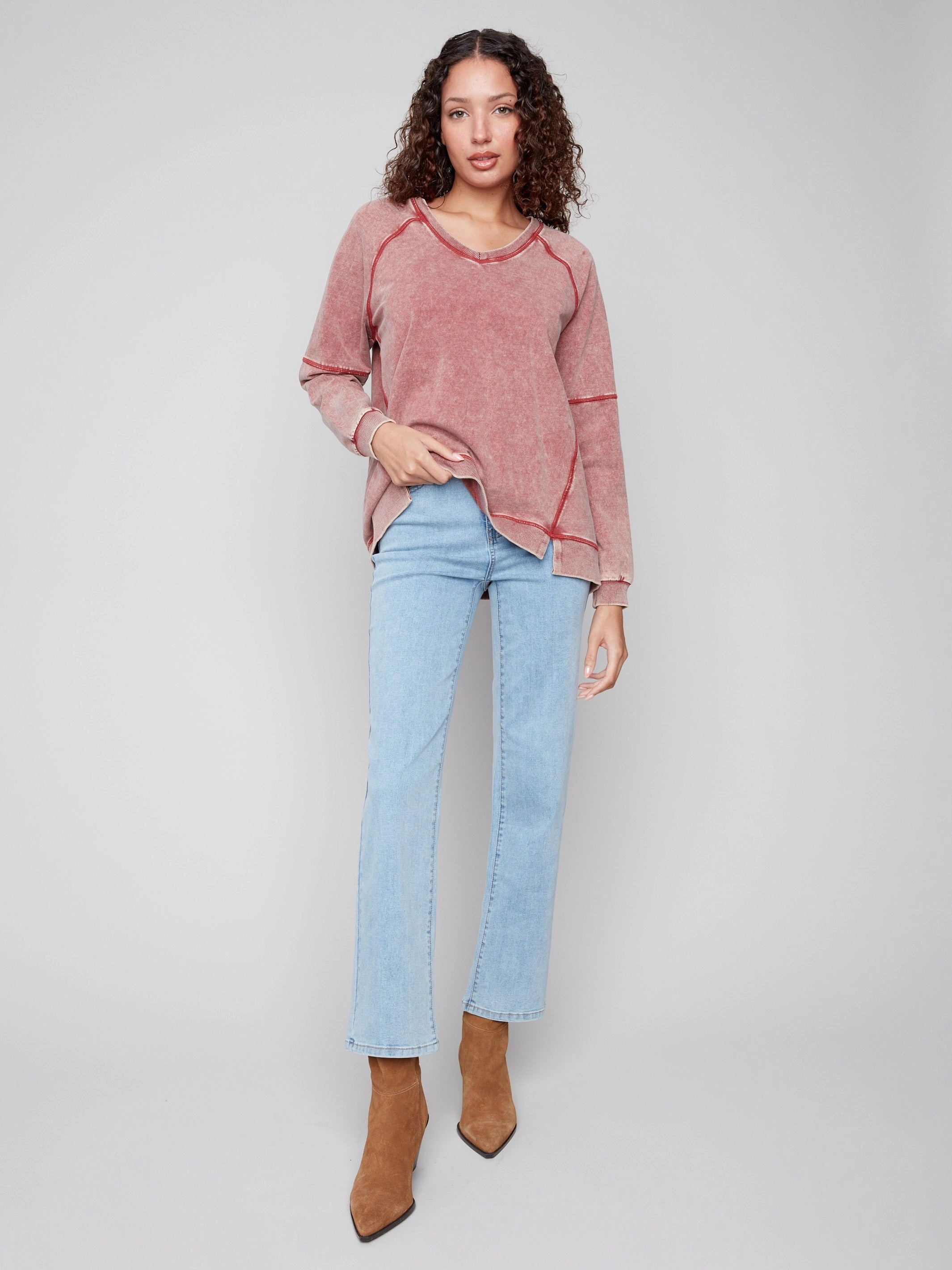 Sporty Style Cold Dye French Terry V-Neck Top - Cabernet