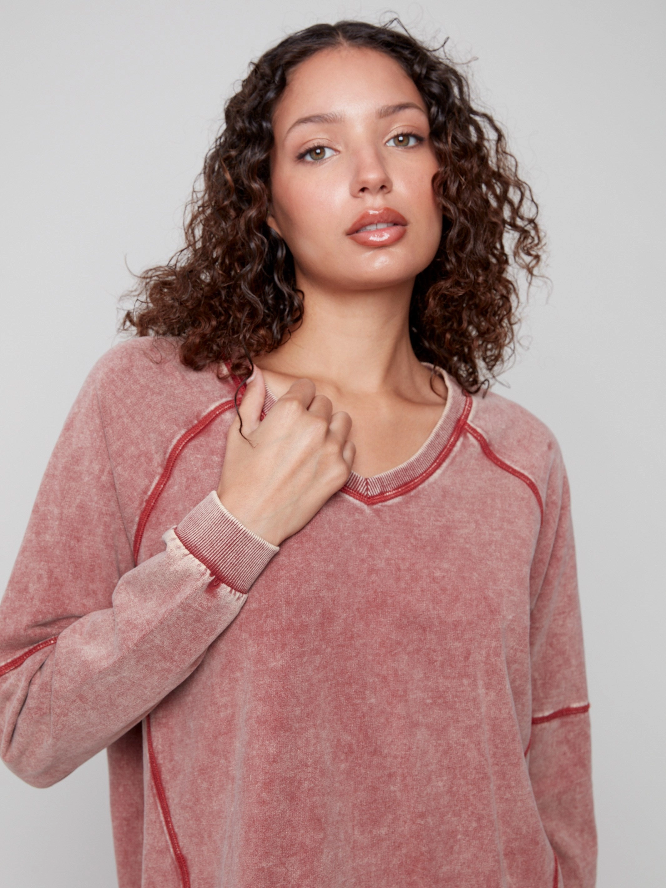 Cold Dye French Terry V-Neck Top - Cabernet NonChafing Fabric Odor Control Finish