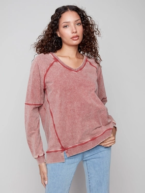 Breathable mesh panel Wrinkle Resistant Finish Cold Dye French Terry V-Neck Top - Cabernet