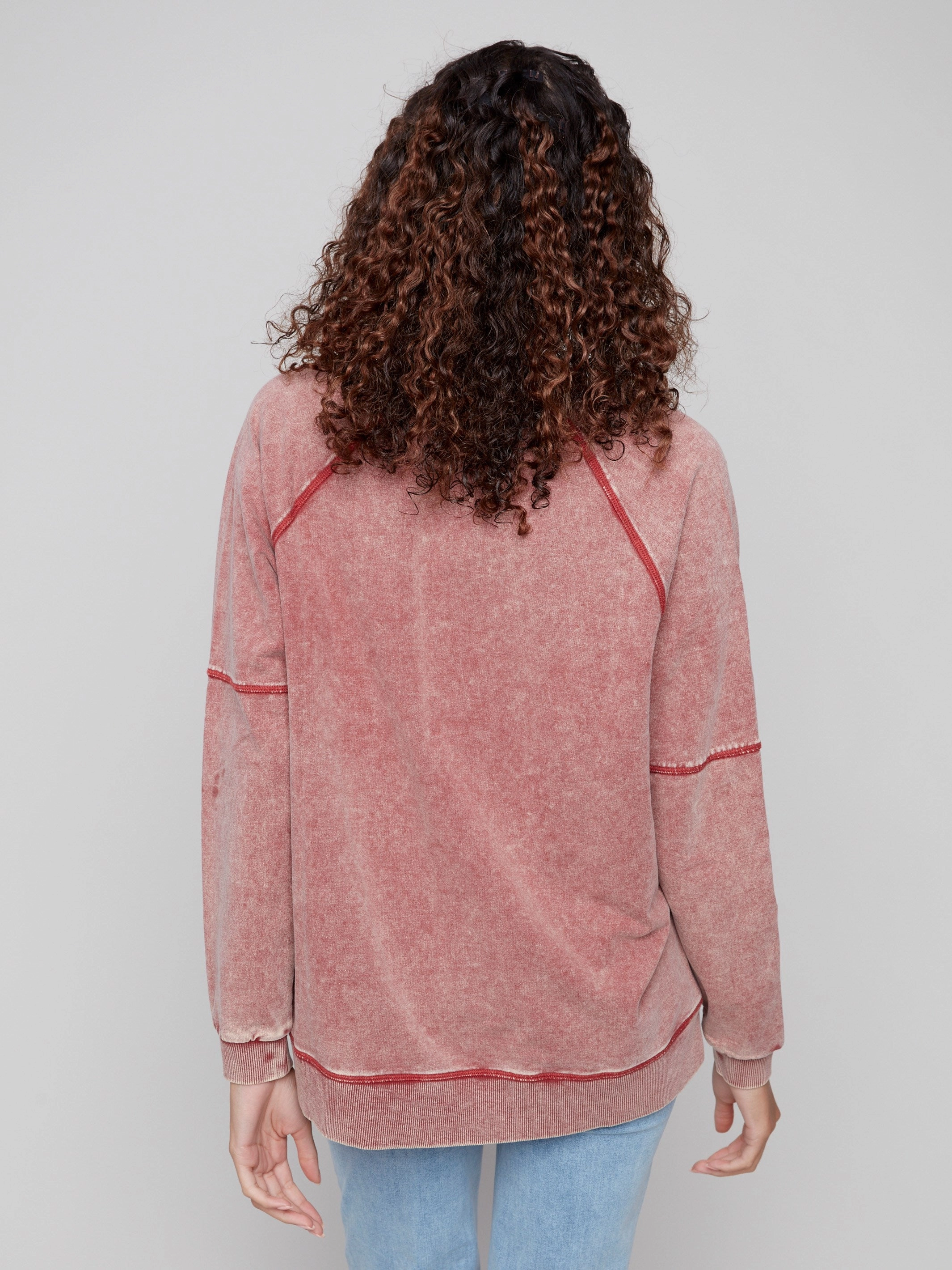 ZipperedPockets Reflective Safety Accents Cold Dye French Terry V-Neck Top - Cabernet