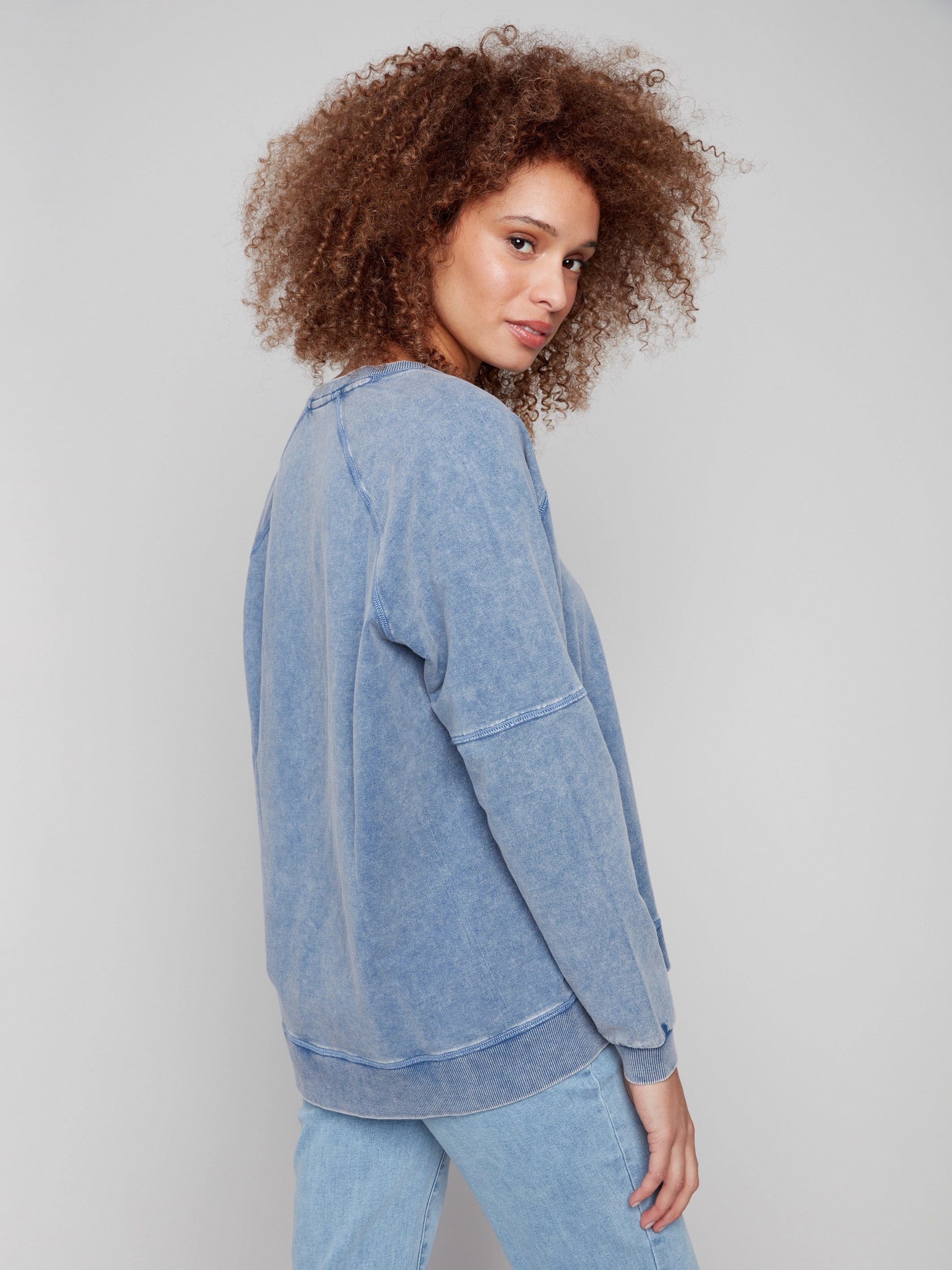 Cold Dye French Terry V-Neck Top - Denim Recycled Polyester Material