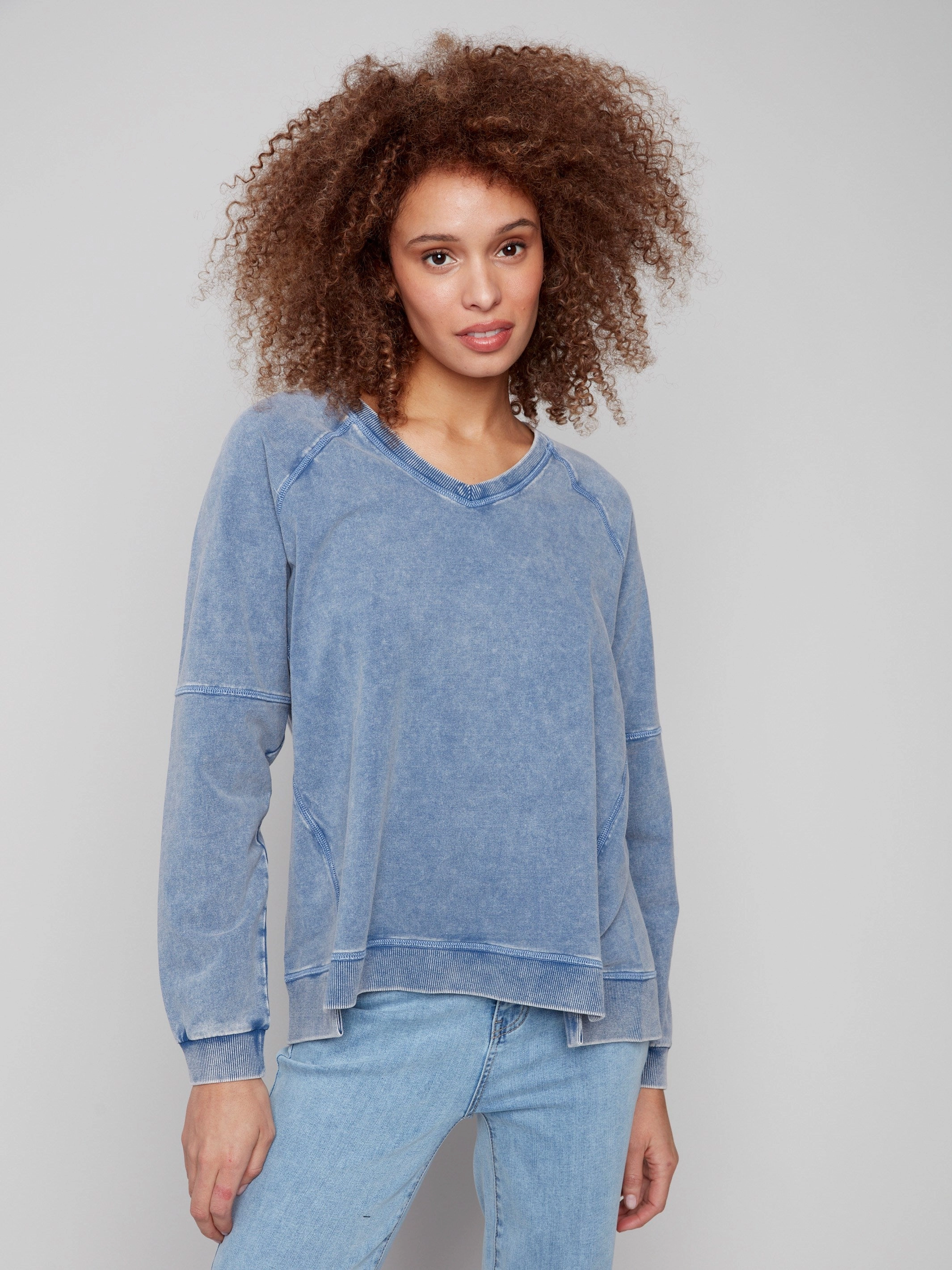 Cold Dye French Terry V-Neck Top - Denim Adjustable Hem