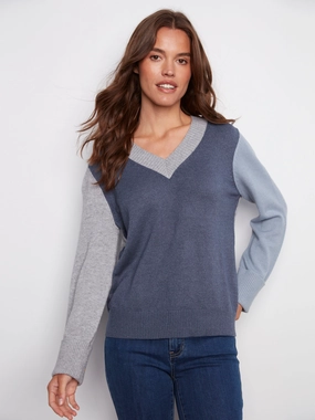Striped Design Colorblock V-Neck Sweater - Moonlight
