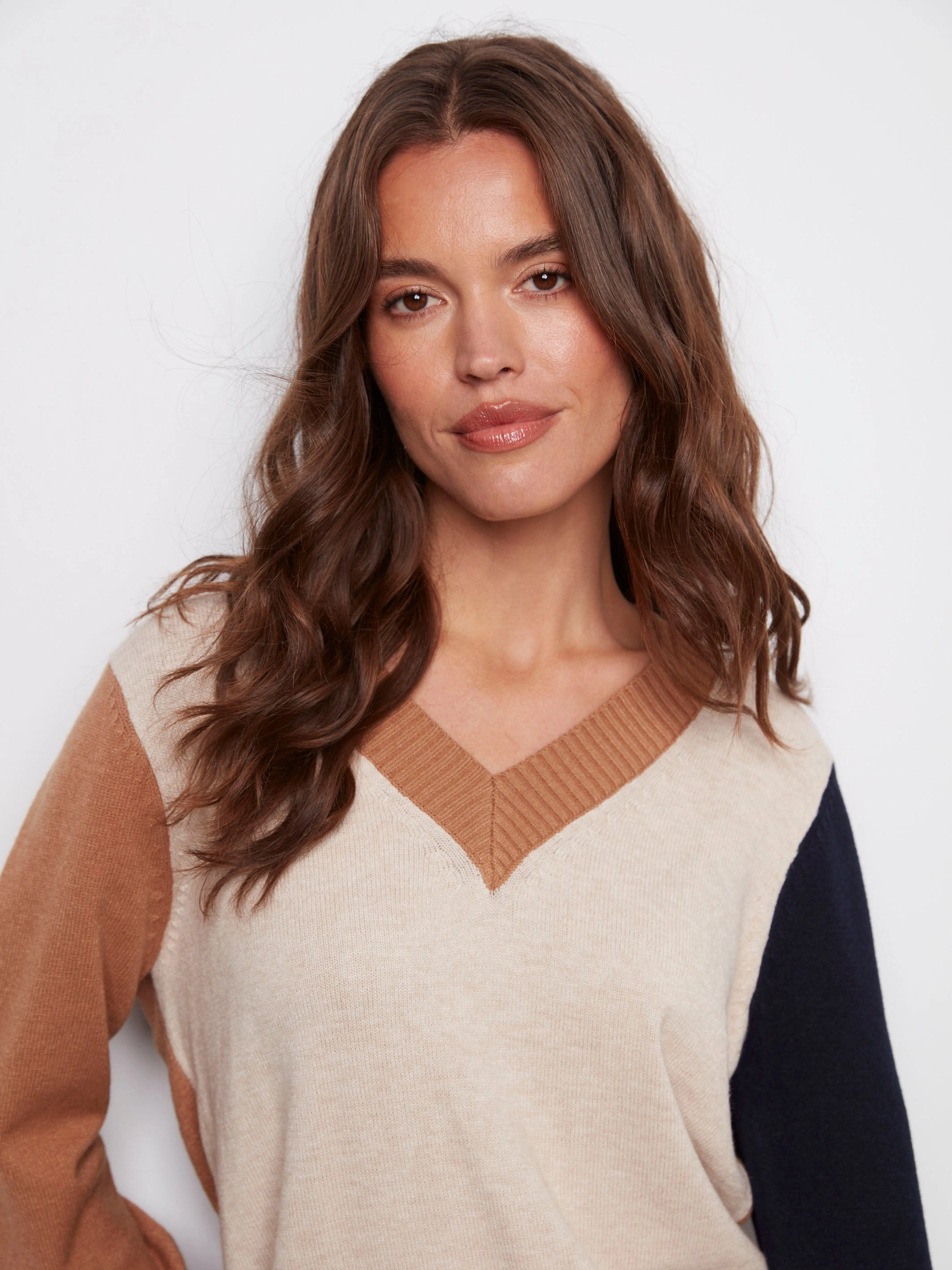 Work related Office environment Colorblock V-Neck Sweater - Truffle