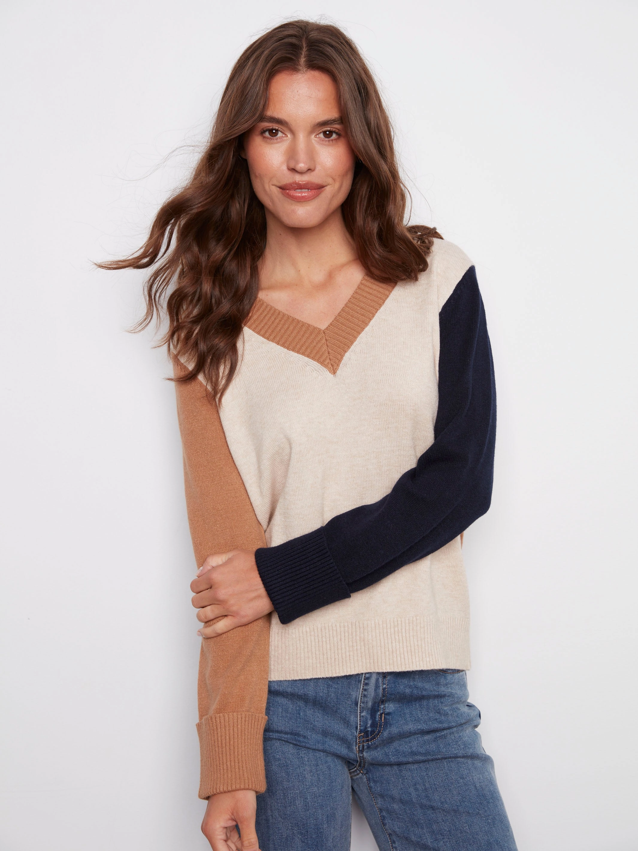 Colorblock V-Neck Sweater - Truffle Basic item