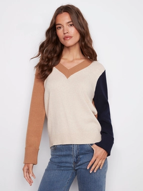 Travel - wear Colorblock V-Neck Sweater - Truffle