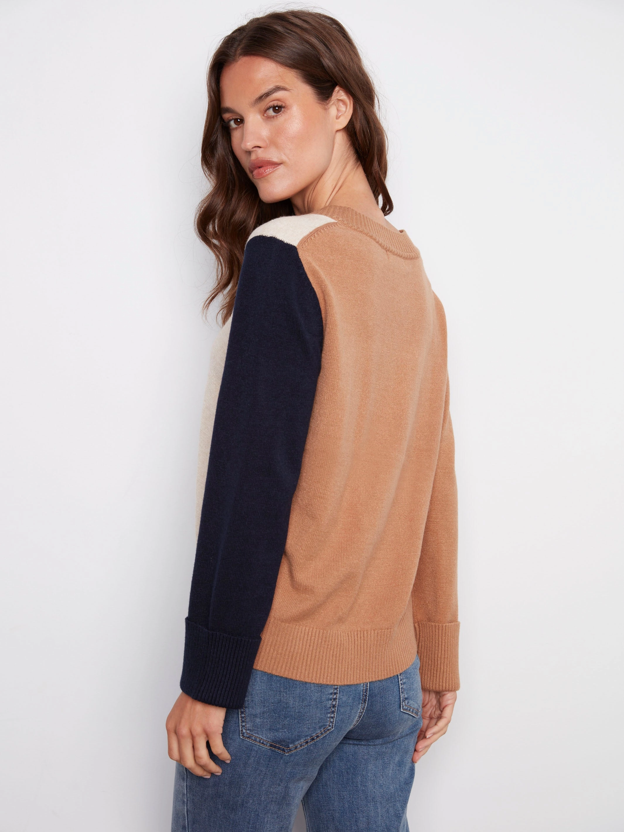 Colorblock V-Neck Sweater - Truffle college student
