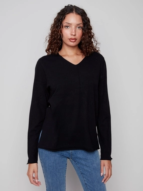 Boat Neck Basic V-Neck Sweater - Black