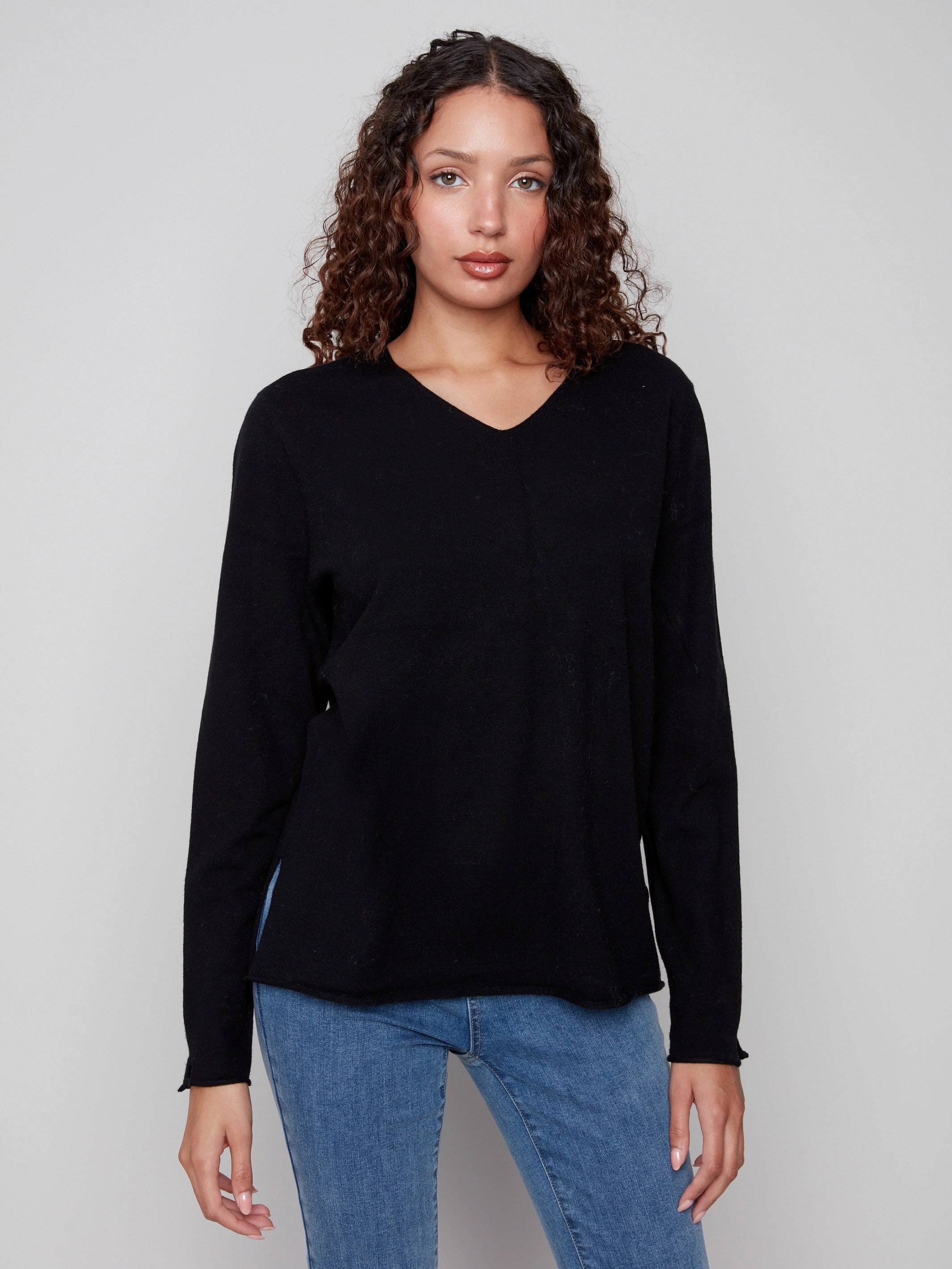 Boat Neck Basic V-Neck Sweater - Black