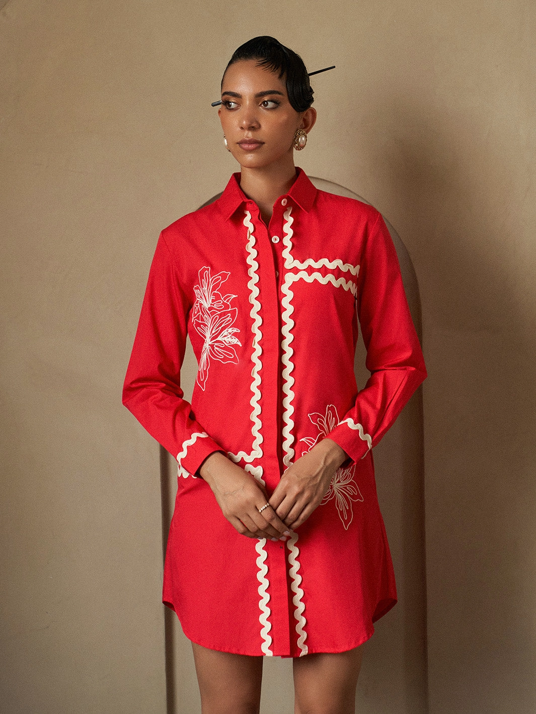 Social Ease Kiku Floral Embroidered Lace Shirt Dress