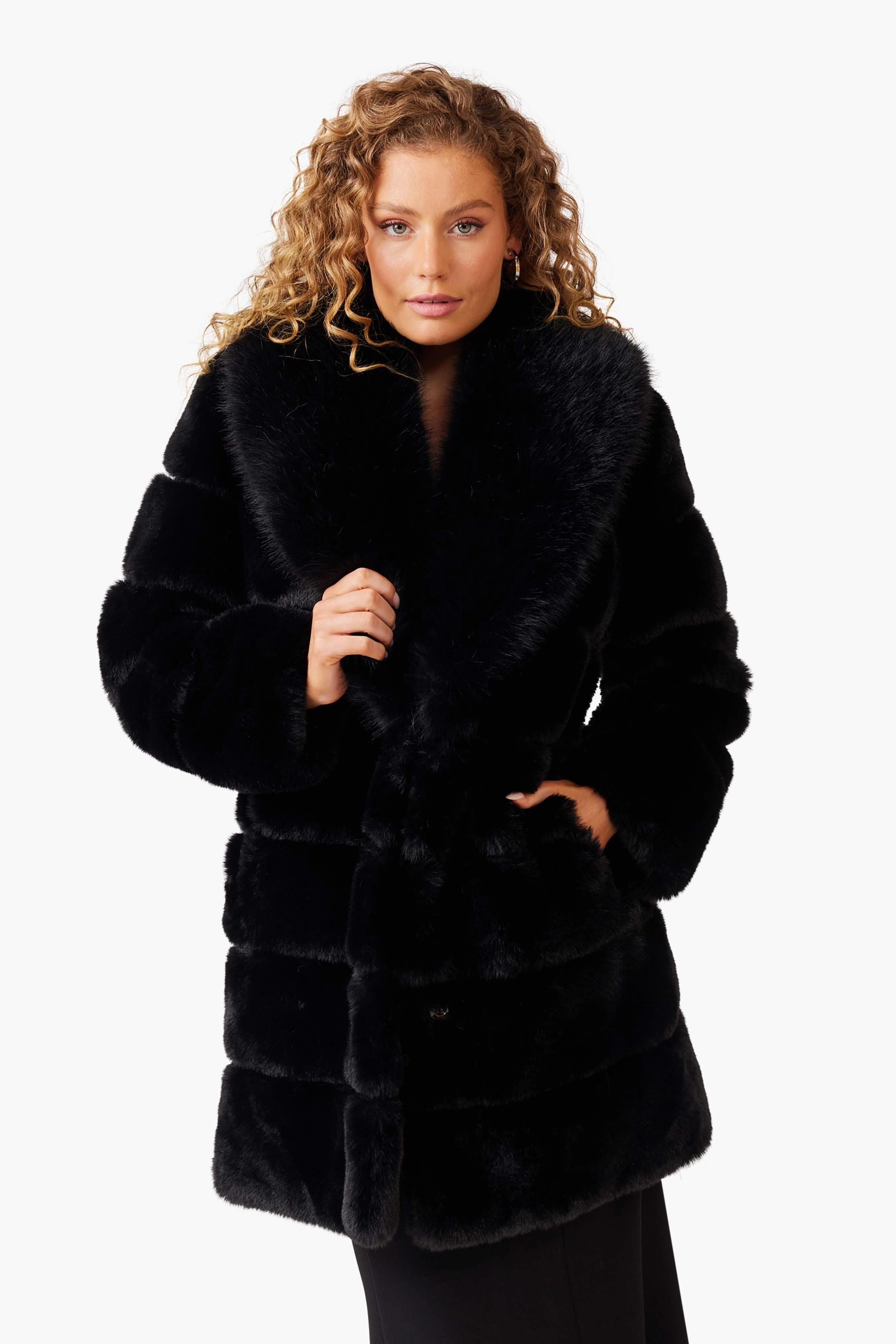 Contemporary Fit Boho Aesthetic Keystone Faux Fur Coat in Black