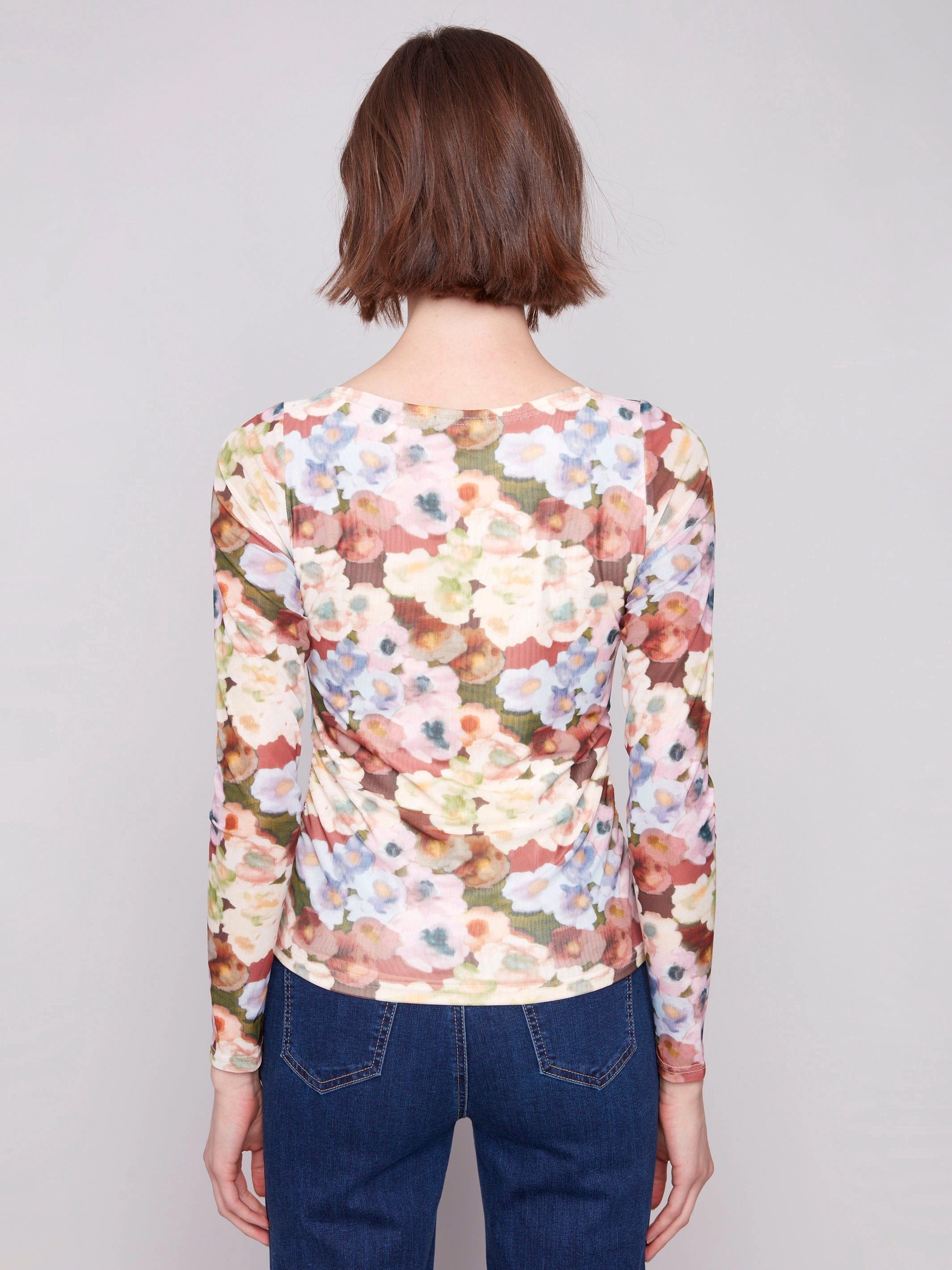 Printed Ruched Mesh Top - Botanical Trendy Look